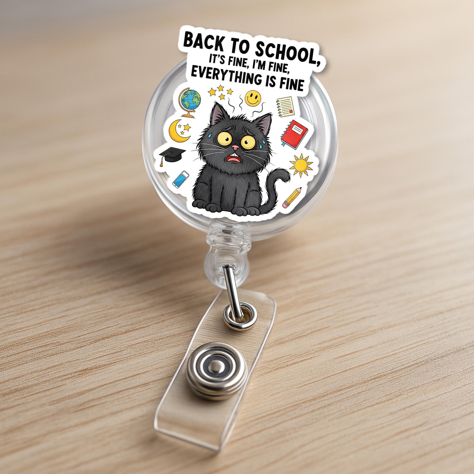 Funny Back to School Cat Badge Reel – It's Fine Everything Is Fine ID Holder – Teacher Name Tag Clip for Educators, Black Cat Badge Clip