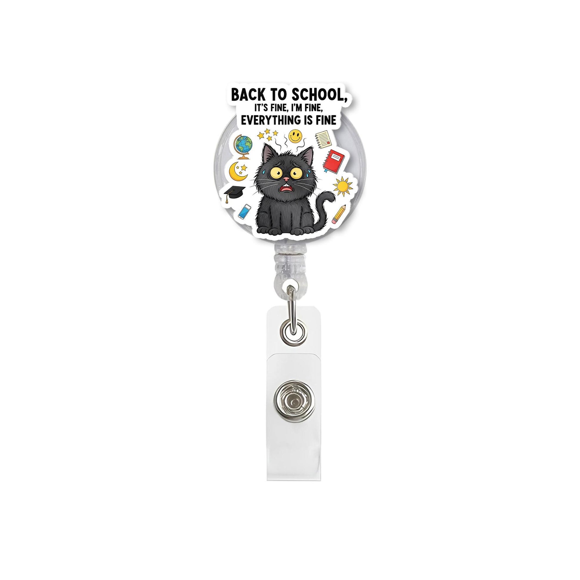 Funny Back to School Cat Badge Reel – It's Fine Everything Is Fine ID Holder – Teacher Name Tag Clip for Educators, Black Cat Badge Clip