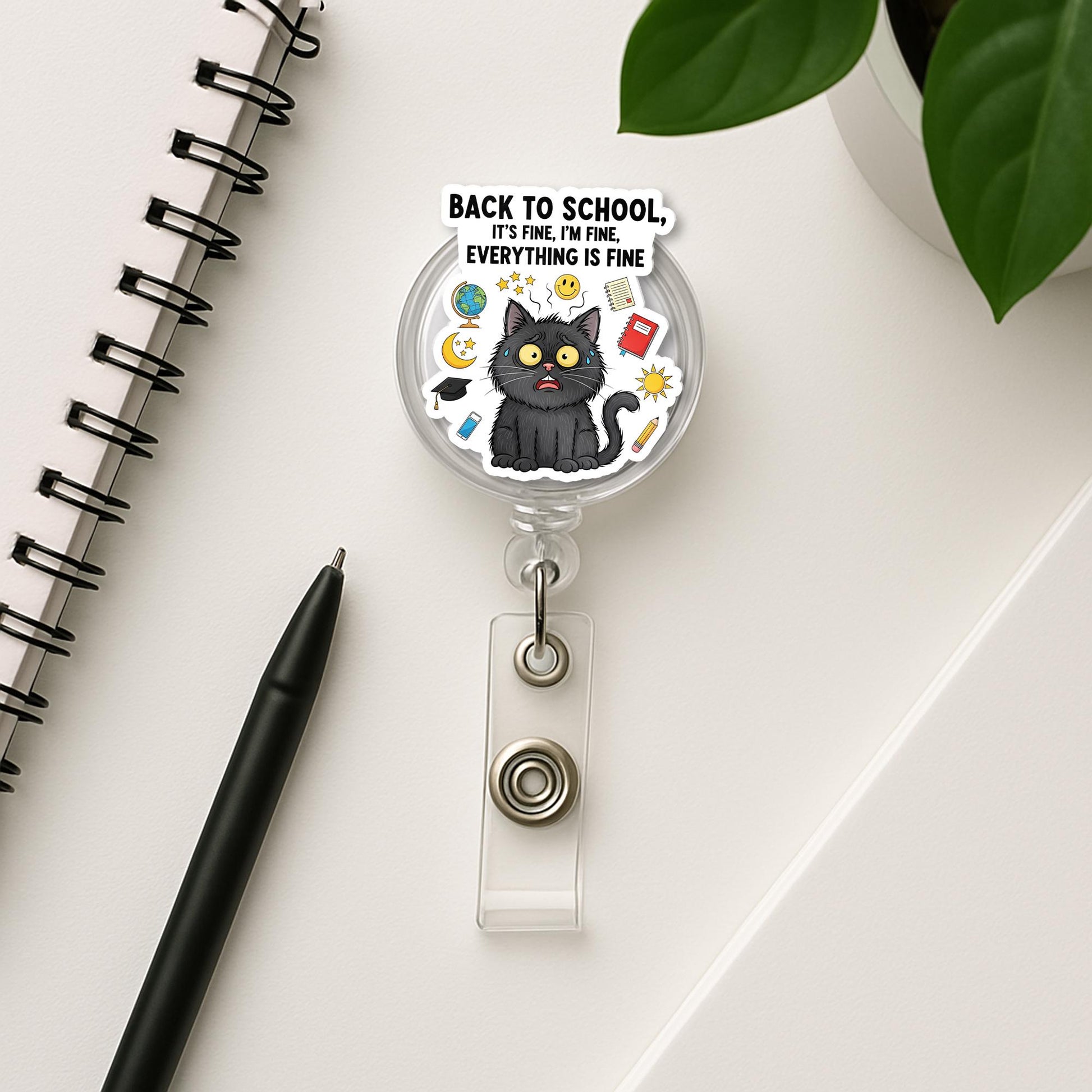 Funny Back to School Cat Badge Reel – It's Fine Everything Is Fine ID Holder – Teacher Name Tag Clip for Educators, Black Cat Badge Clip