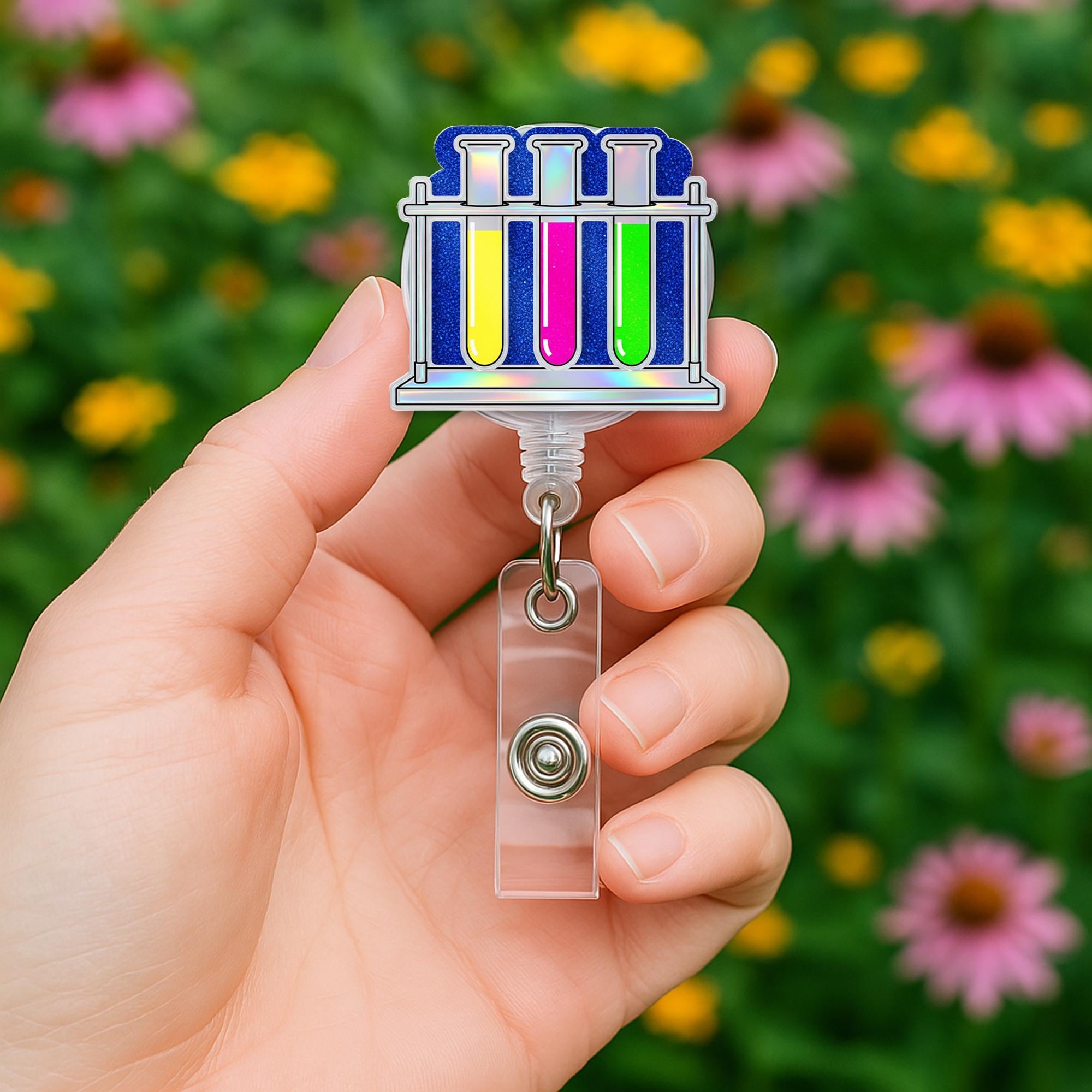 Colorful Test Tube Badge Reel – Science Lab ID Holder, Fun Chemistry Name Tag Clip for Teachers, Nurses, and Scientists, Back To School Gift