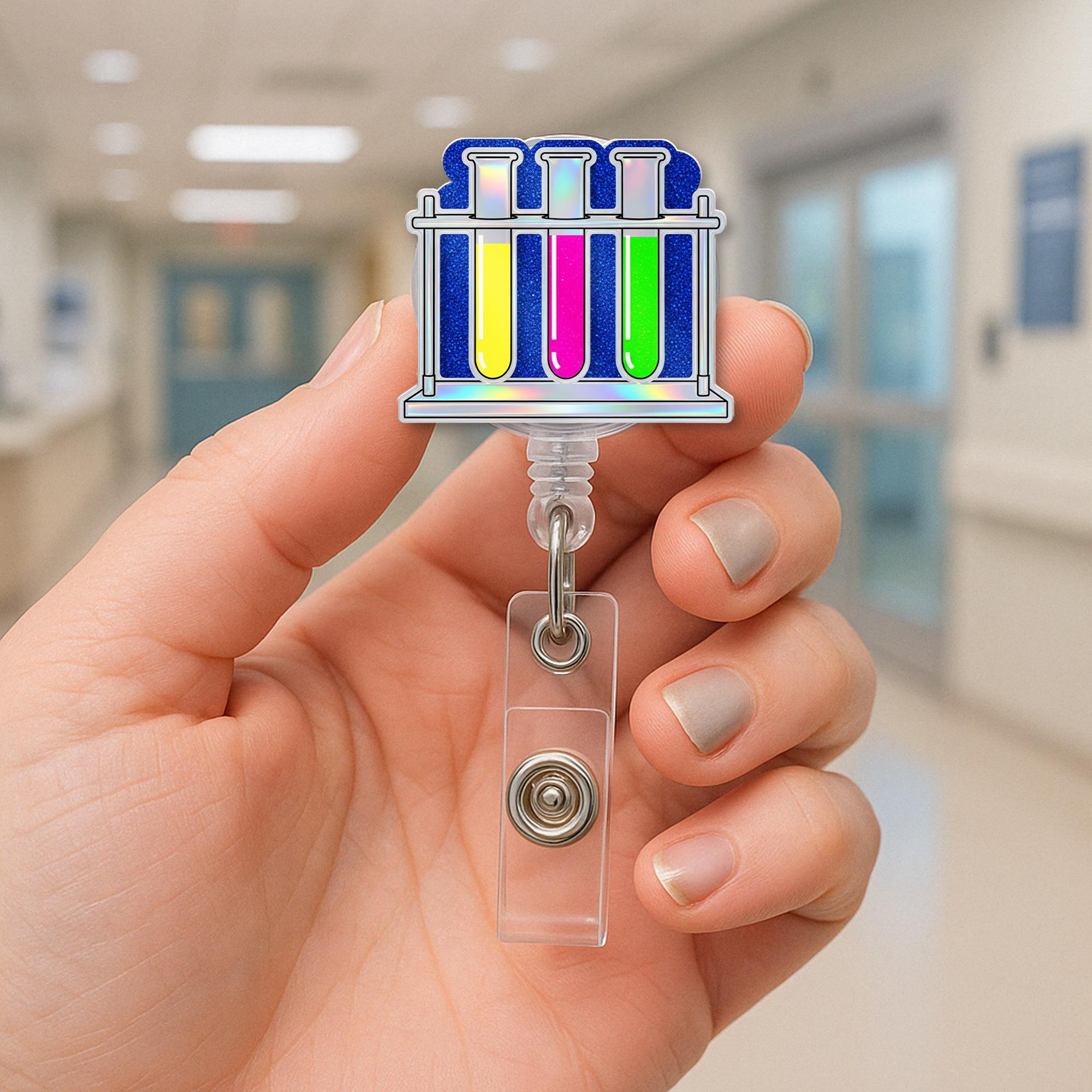 Colorful Test Tube Badge Reel – Science Lab ID Holder, Fun Chemistry Name Tag Clip for Teachers, Nurses, and Scientists, Back To School Gift