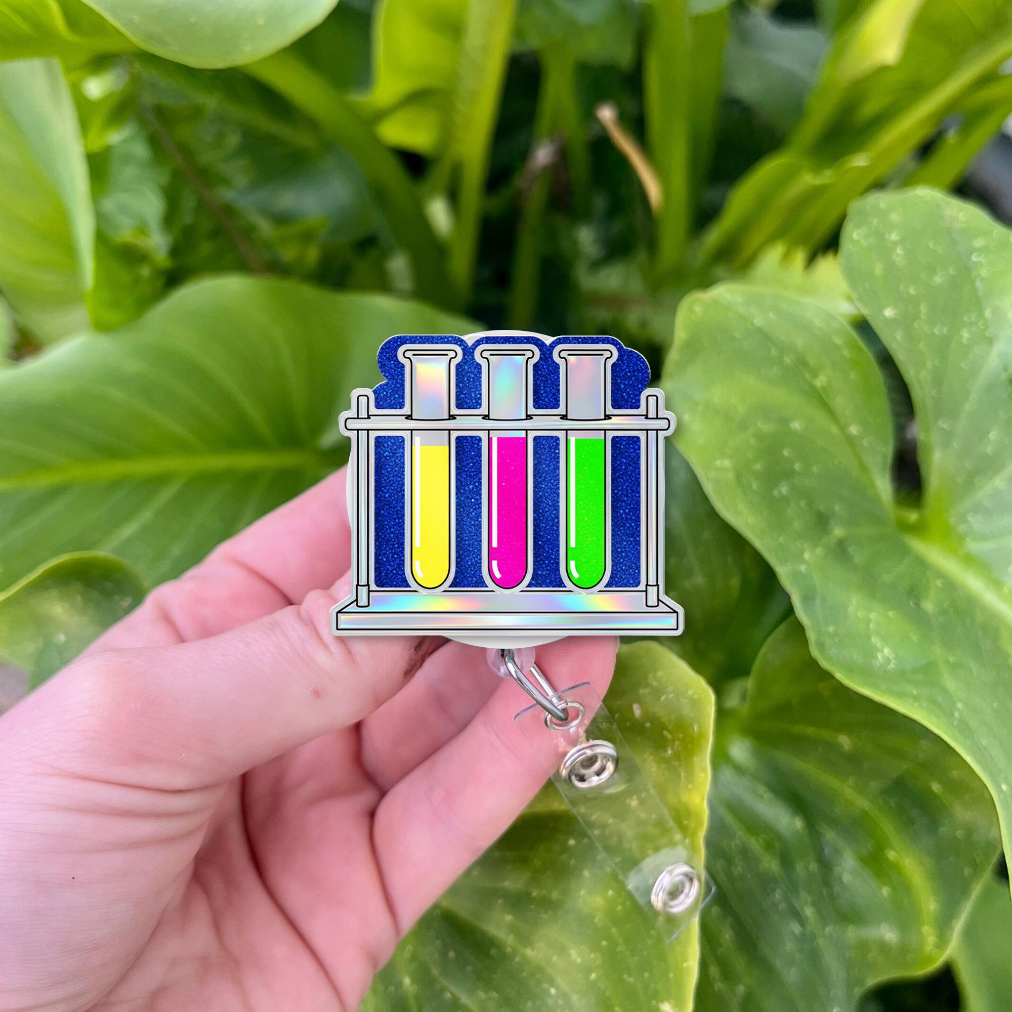 Colorful Test Tube Badge Reel – Science Lab ID Holder, Fun Chemistry Name Tag Clip for Teachers, Nurses, and Scientists, Back To School Gift