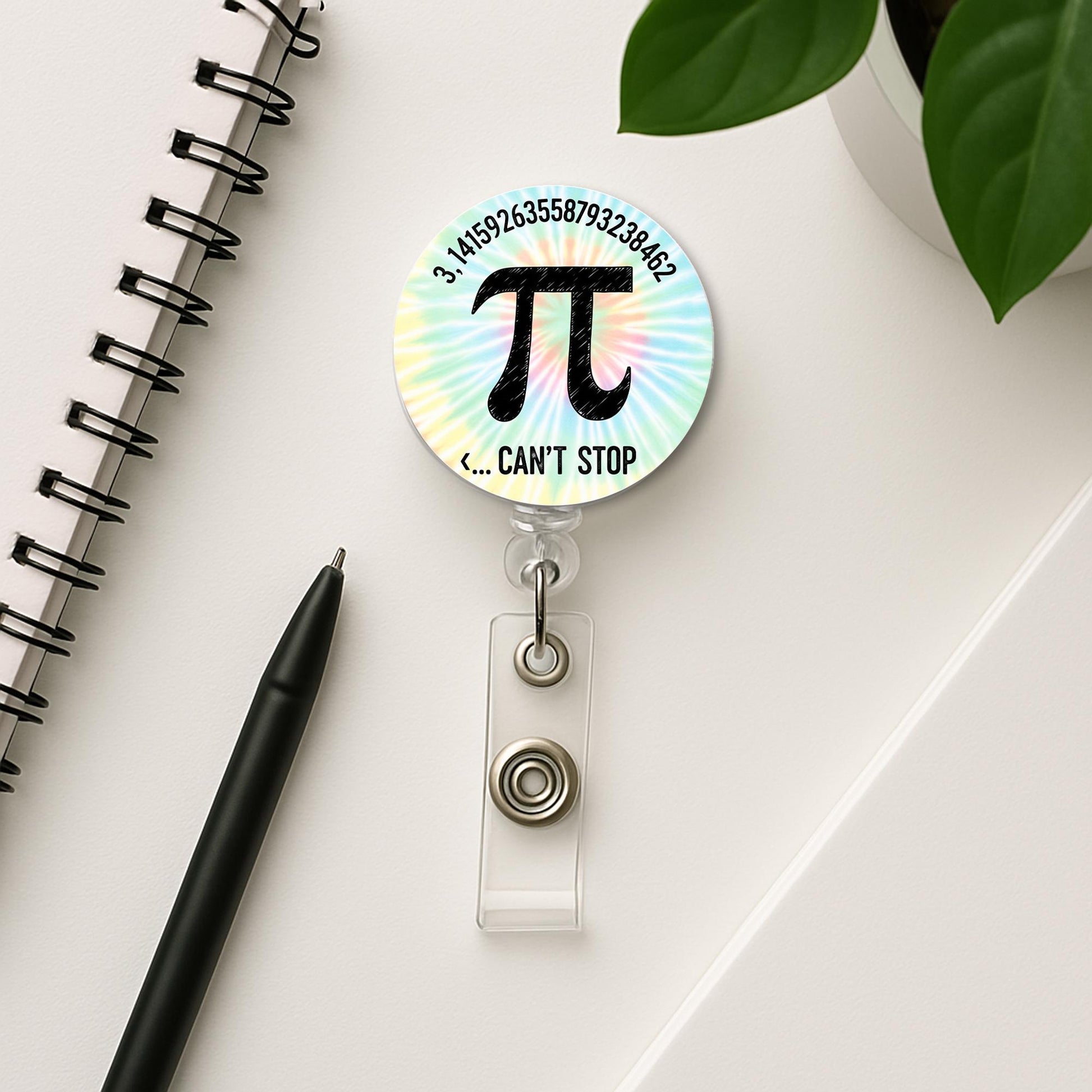Funny Pi Badge Reel – Math Teacher ID Holder – Pi Day Gift – Can't Stop Pi Name Tag Clip with Tie Dye Background, Back To School Gift