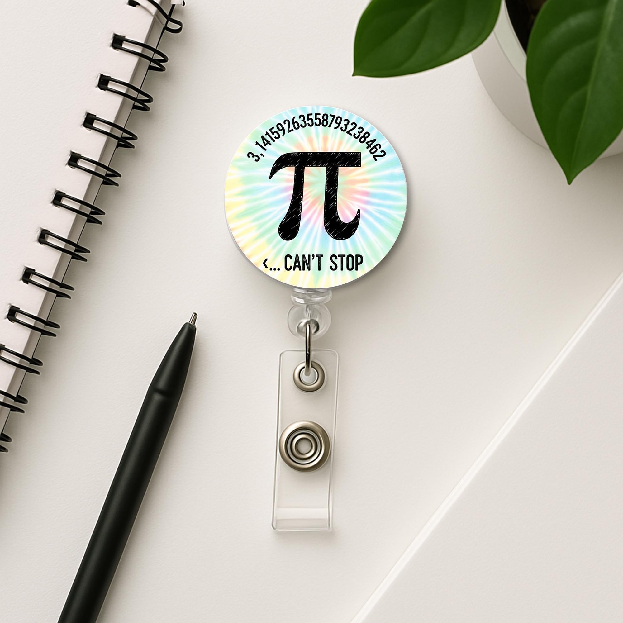 Funny Pi Badge Reel – Math Teacher ID Holder – Pi Day Gift – Can't Stop Pi Name Tag Clip with Tie Dye Background, Back To School Gift