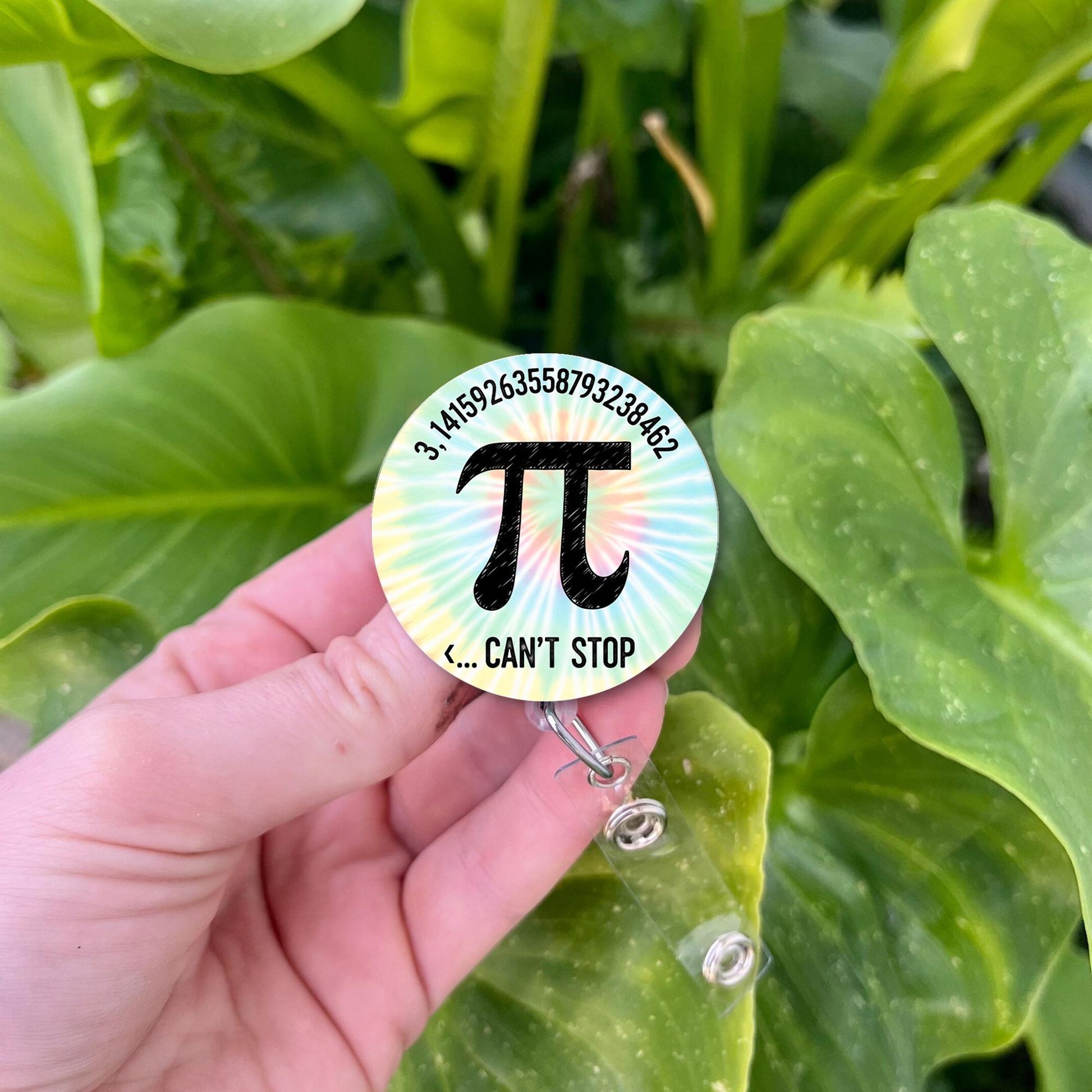 Funny Pi Badge Reel – Math Teacher ID Holder – Pi Day Gift – Can't Stop Pi Name Tag Clip with Tie Dye Background, Back To School Gift