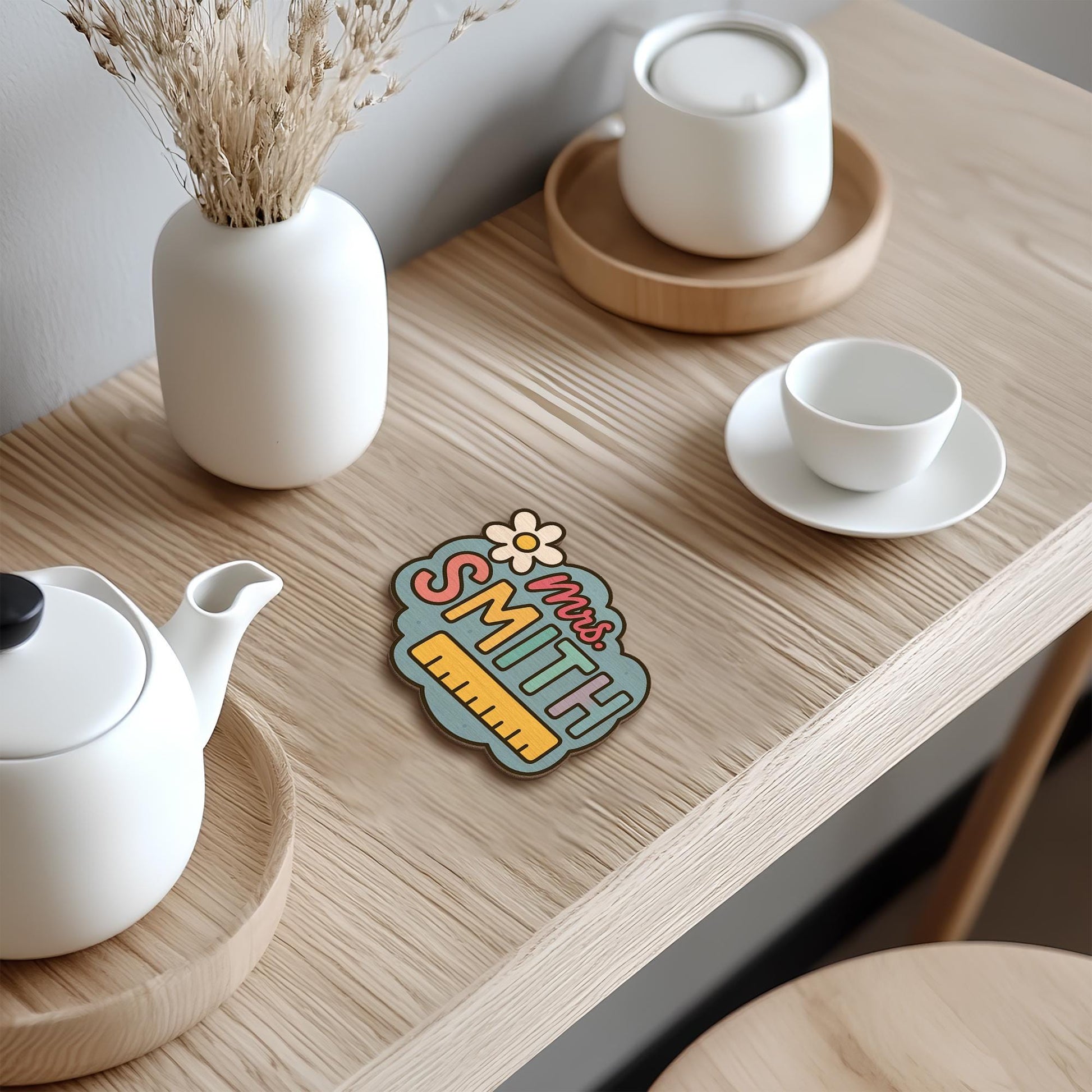 Custom Math Teacher Coaster – Personalized Name Gift with Ruler Design, Cute Desk or Classroom Decor for Educators and Tutors