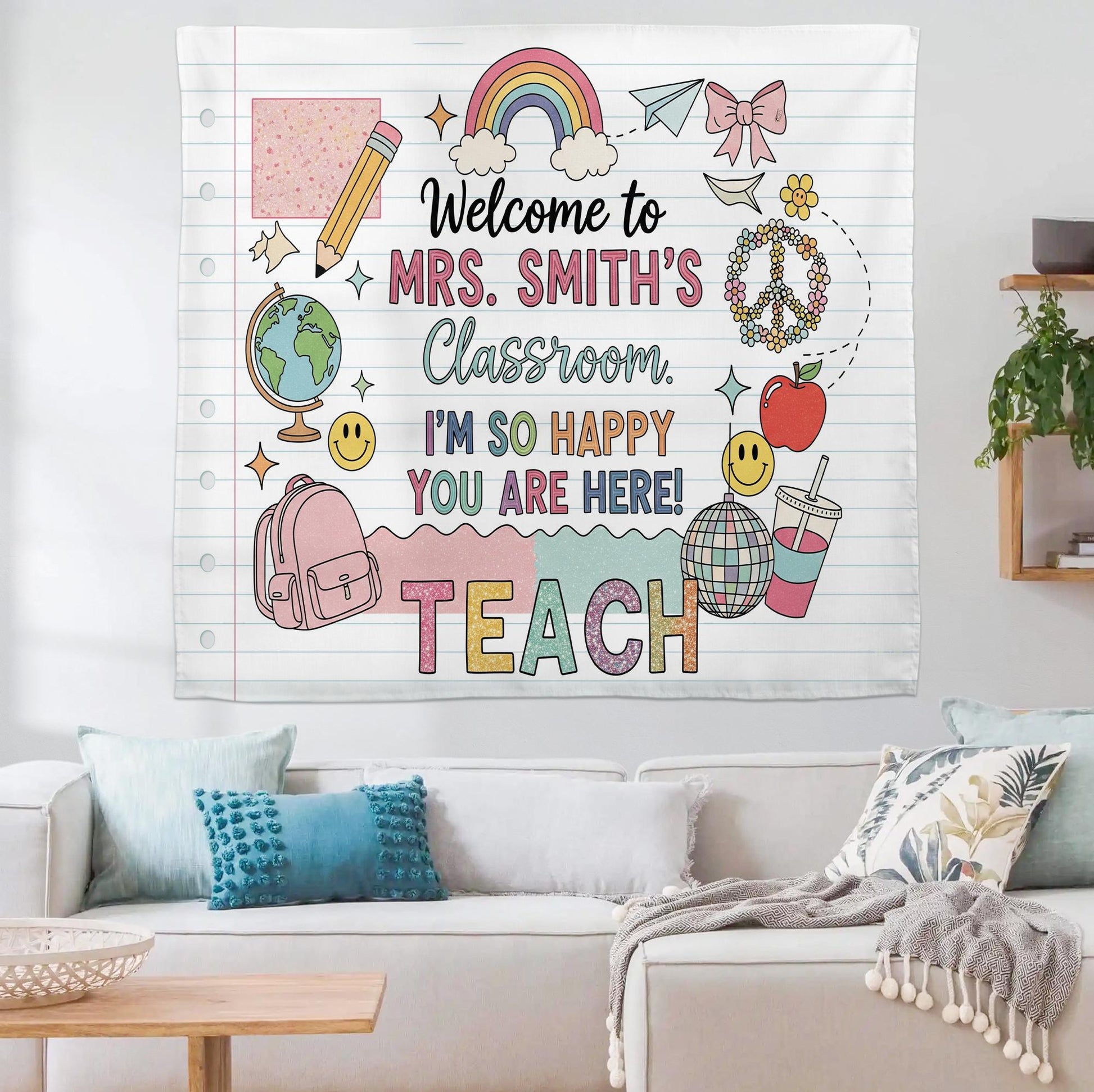 Personalized Teacher Classroom Tapestry, Welcome Banner for Kids, Cute Rainbow Back to School Wall Decor, Custom Teacher Sign