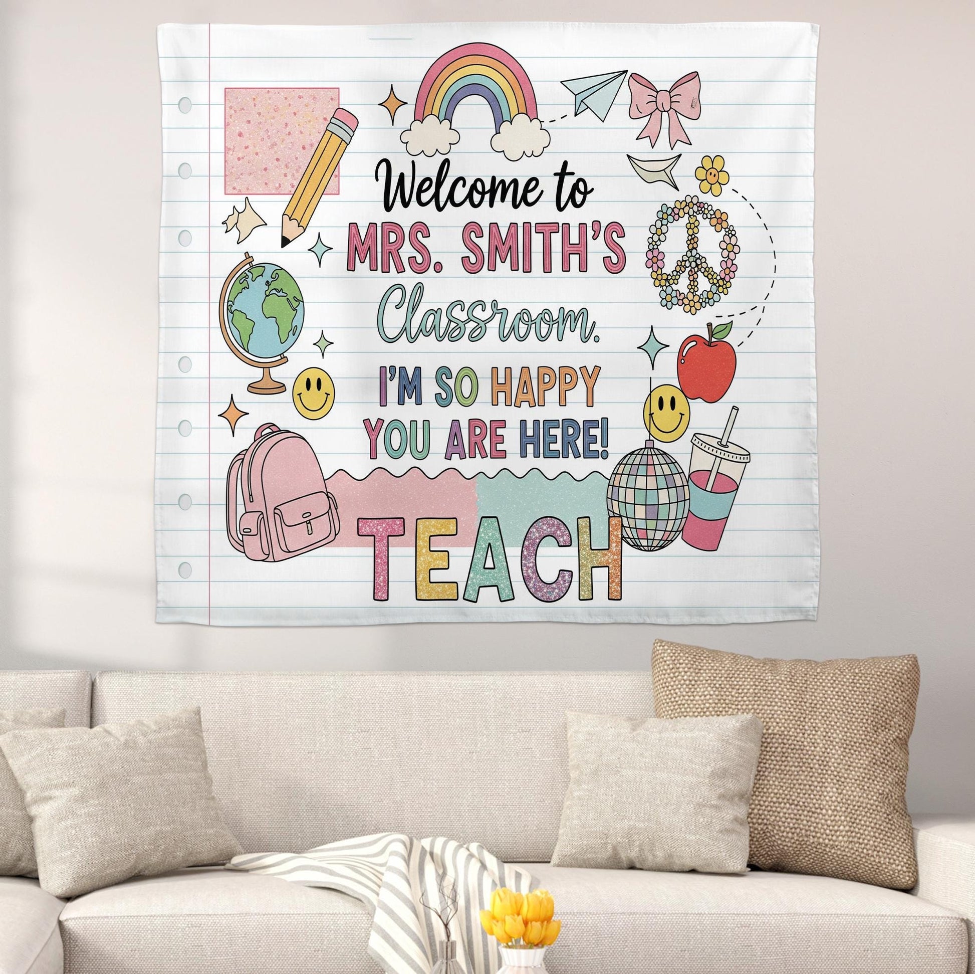 Personalized Teacher Classroom Tapestry, Welcome Banner for Kids, Cute Rainbow Back to School Wall Decor, Custom Teacher Sign