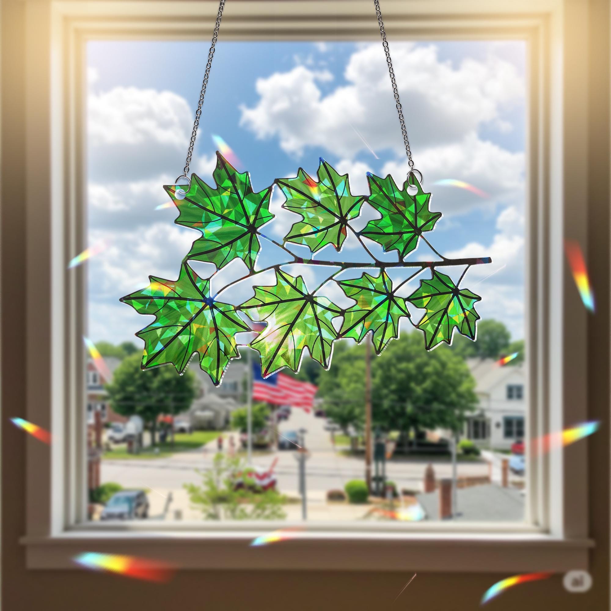 Green Maple Leaf Suncatcher, Holographic Acrylic Window Decor, Canadian Leaf Sun Catcher, Nature Lover Gift, Forest Window Art