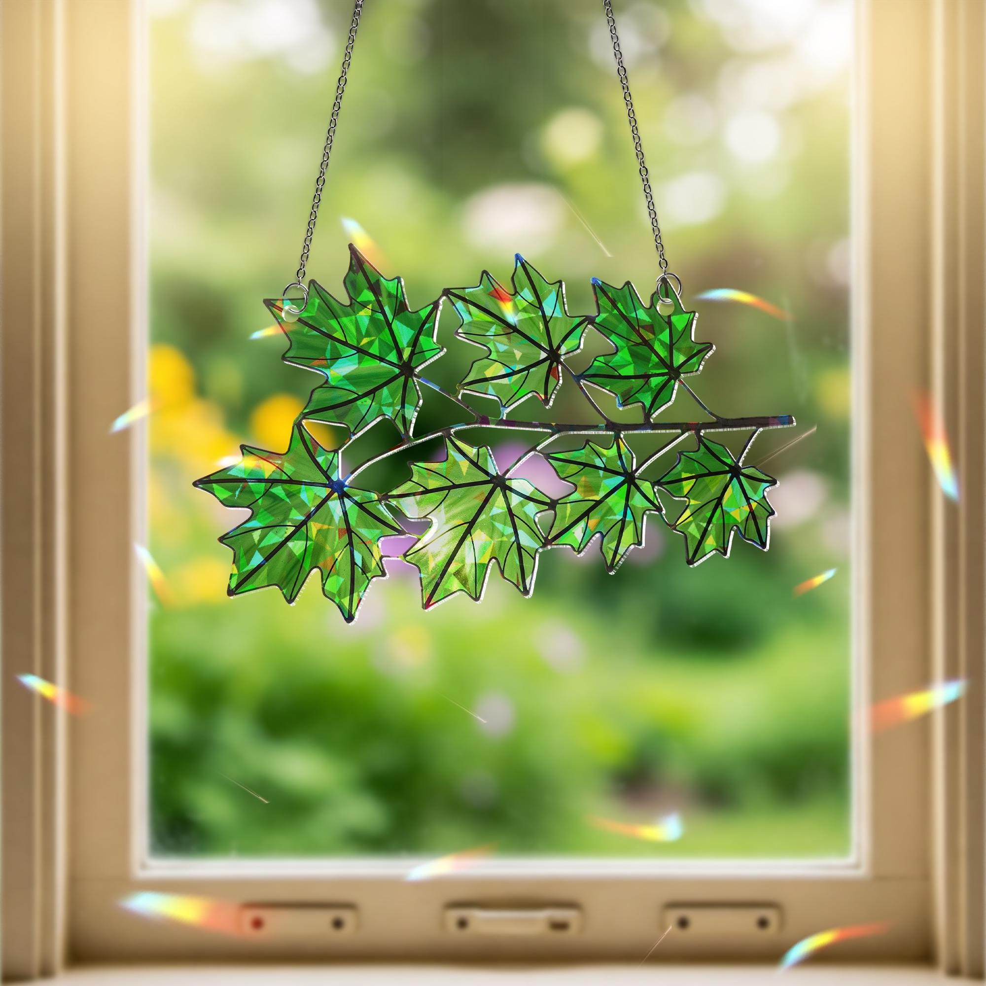 Green Maple Leaf Suncatcher, Holographic Acrylic Window Decor, Canadian Leaf Sun Catcher, Nature Lover Gift, Forest Window Art
