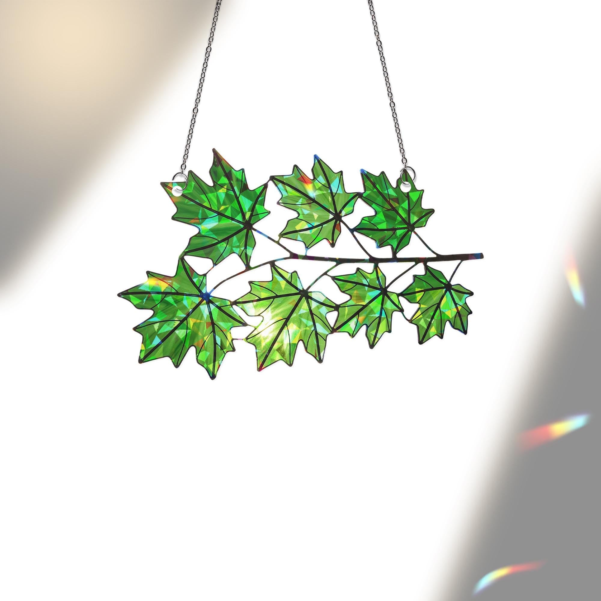 Green Maple Leaf Suncatcher, Holographic Acrylic Window Decor, Canadian Leaf Sun Catcher, Nature Lover Gift, Forest Window Art