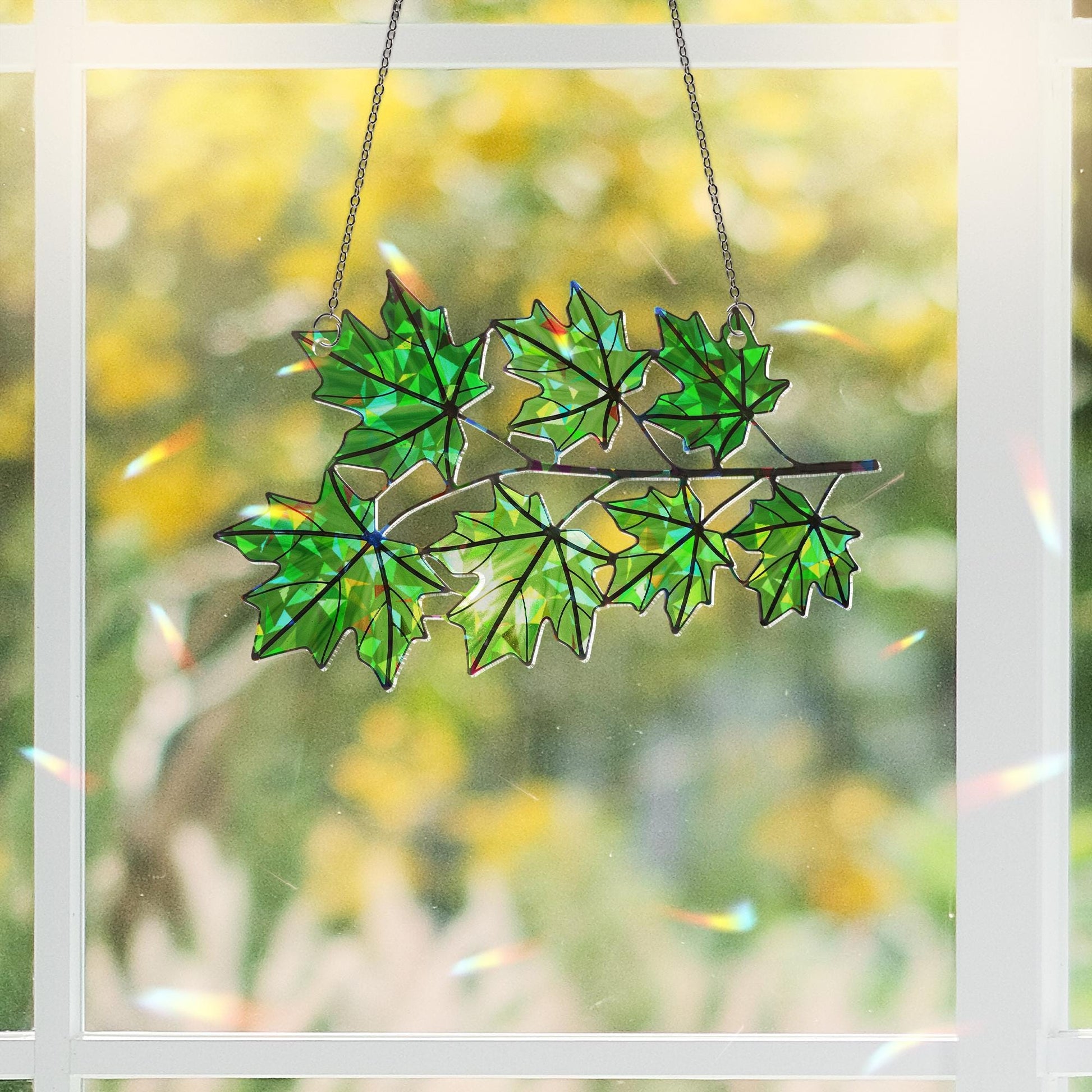 Green Maple Leaf Suncatcher, Holographic Acrylic Window Decor, Canadian Leaf Sun Catcher, Nature Lover Gift, Forest Window Art