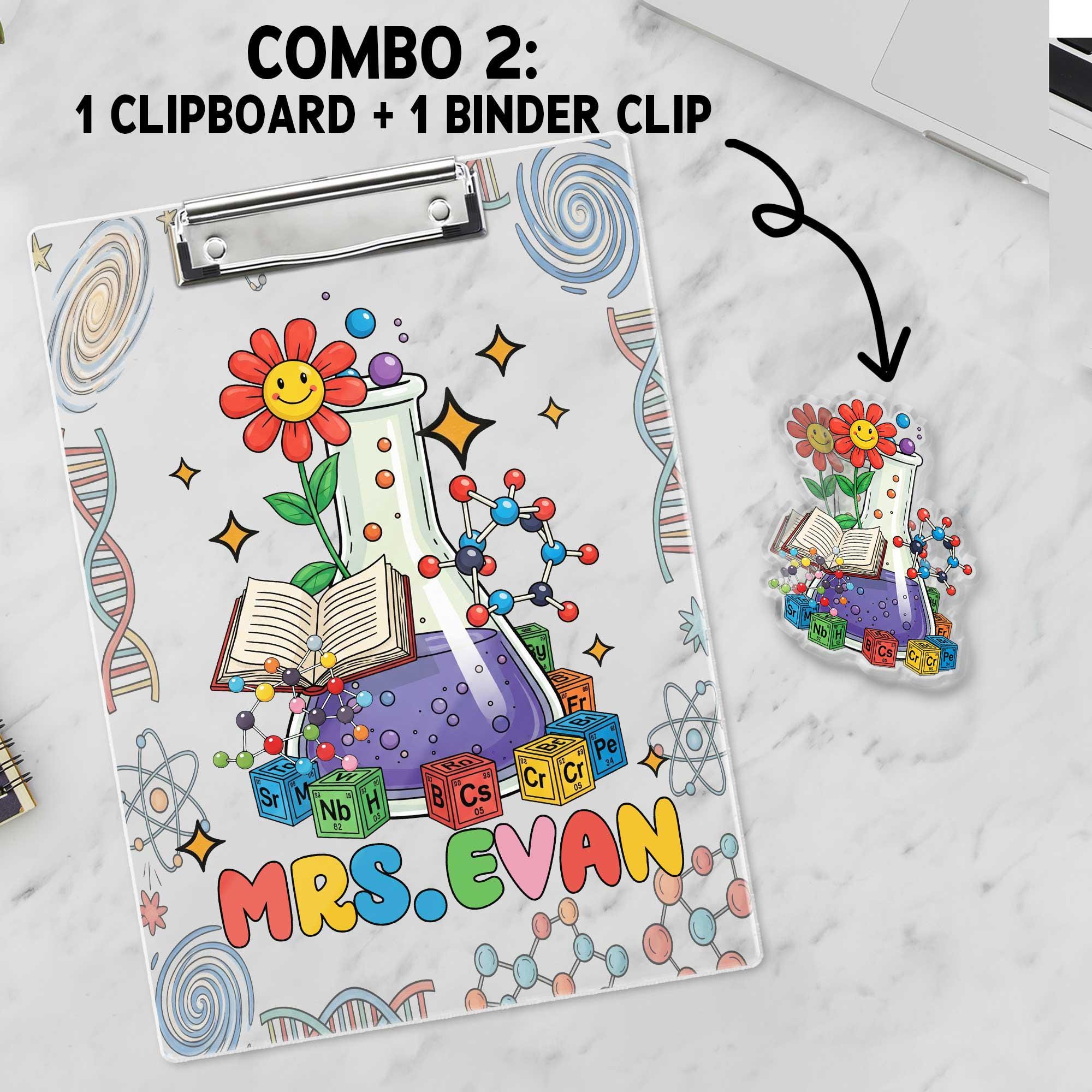 Science Teacher Clipboard and Name Tag Set – Custom Chemistry School Supplies for Back to School Gift – Personalized Science Teacher Gift