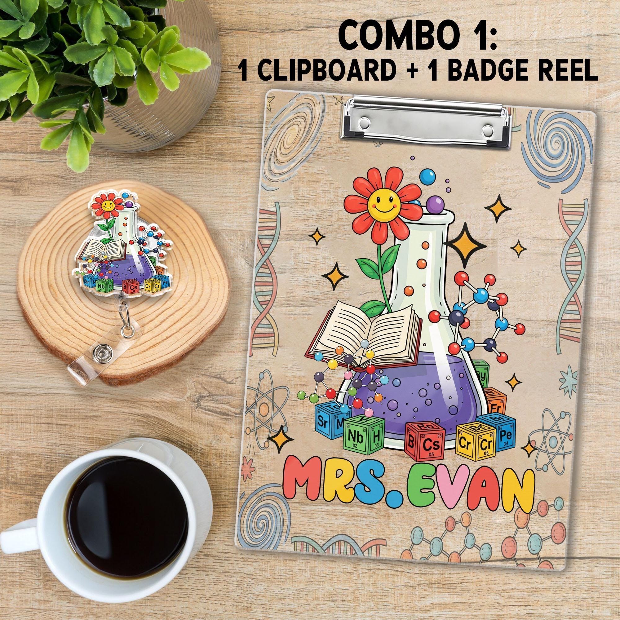 Science Teacher Clipboard and Name Tag Set – Custom Chemistry School Supplies for Back to School Gift – Personalized Science Teacher Gift