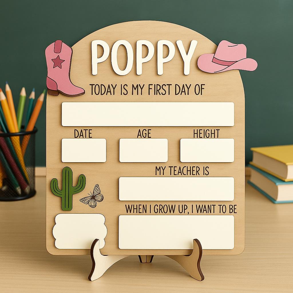 Personalized Cowgirl First Day of School Sign – Back to School Reusable Board – Western Kid School Photo Prop – Custom Name Sign for Girls
