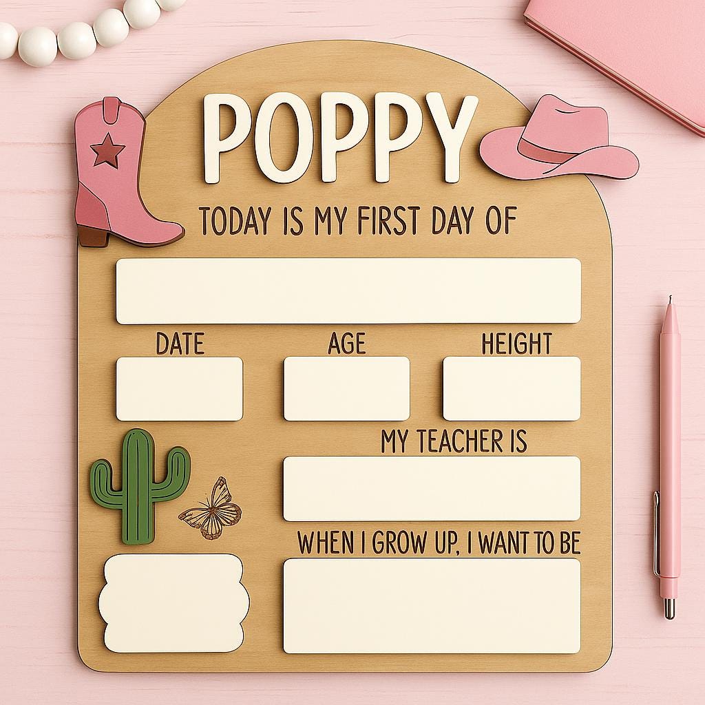 Personalized Cowgirl First Day of School Sign – Back to School Reusable Board – Western Kid School Photo Prop – Custom Name Sign for Girls