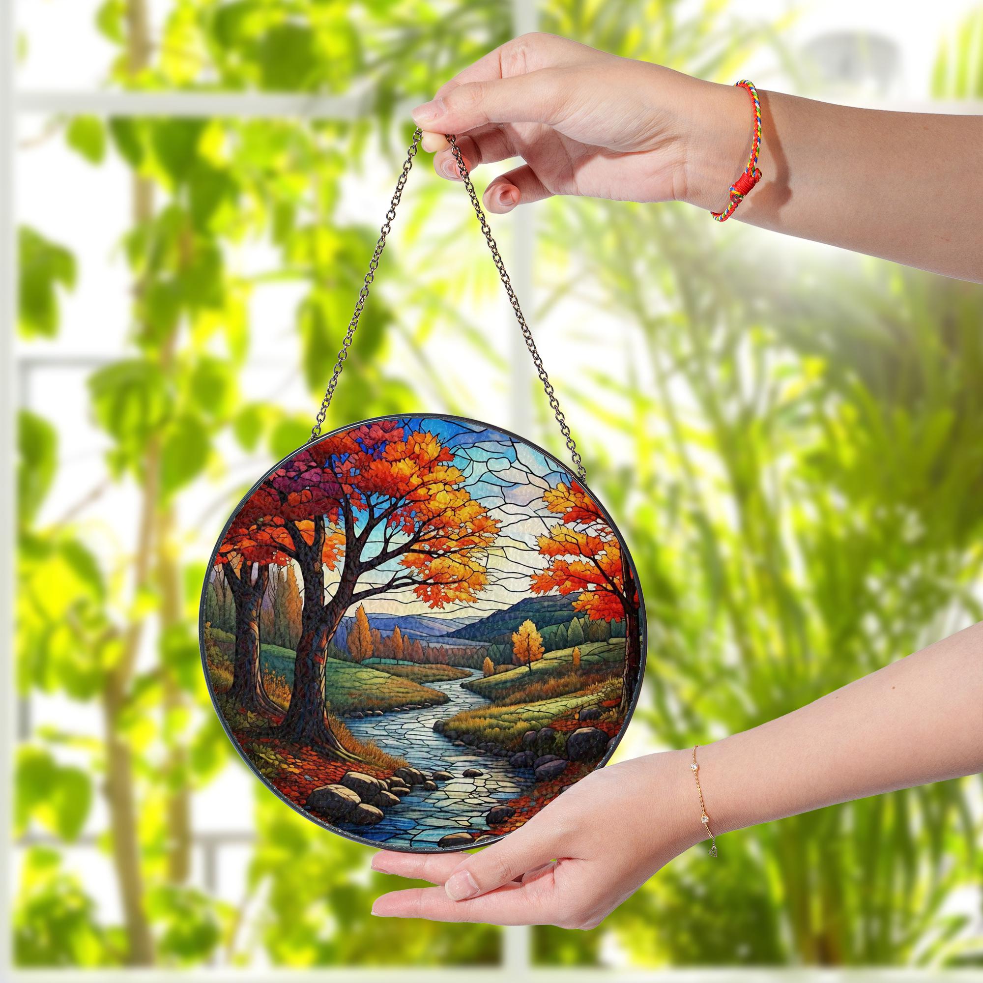 Autumn Glass Suncatcher | Fall Landscape Window Hanging | Glass Suncatcher River Scene | Seasonal Home Decor | Rustic Fall Gift Idea