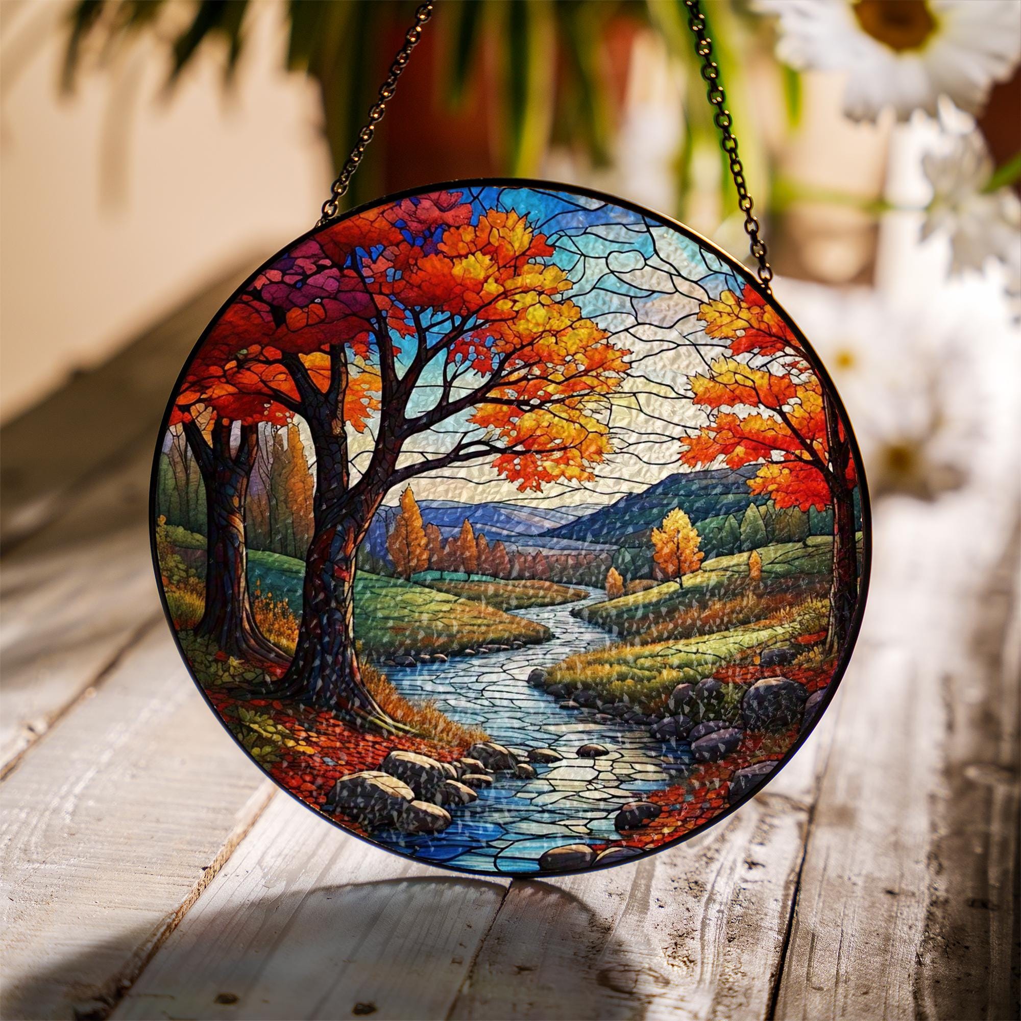 Autumn Glass Suncatcher | Fall Landscape Window Hanging | Glass Suncatcher River Scene | Seasonal Home Decor | Rustic Fall Gift Idea