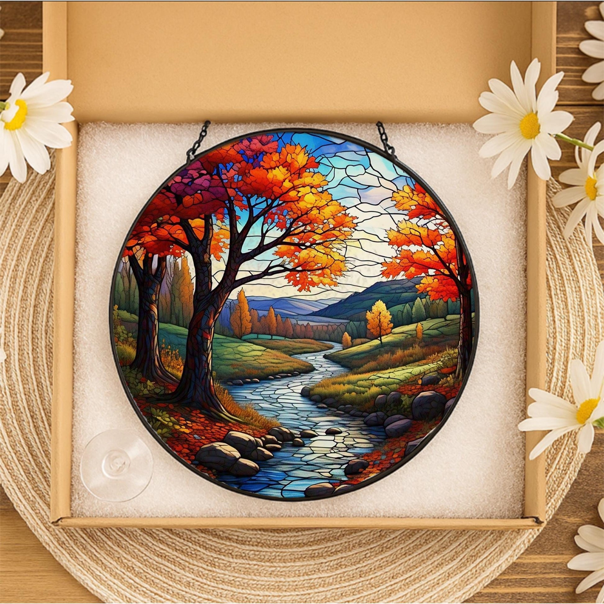 Autumn Glass Suncatcher | Fall Landscape Window Hanging | Glass Suncatcher River Scene | Seasonal Home Decor | Rustic Fall Gift Idea