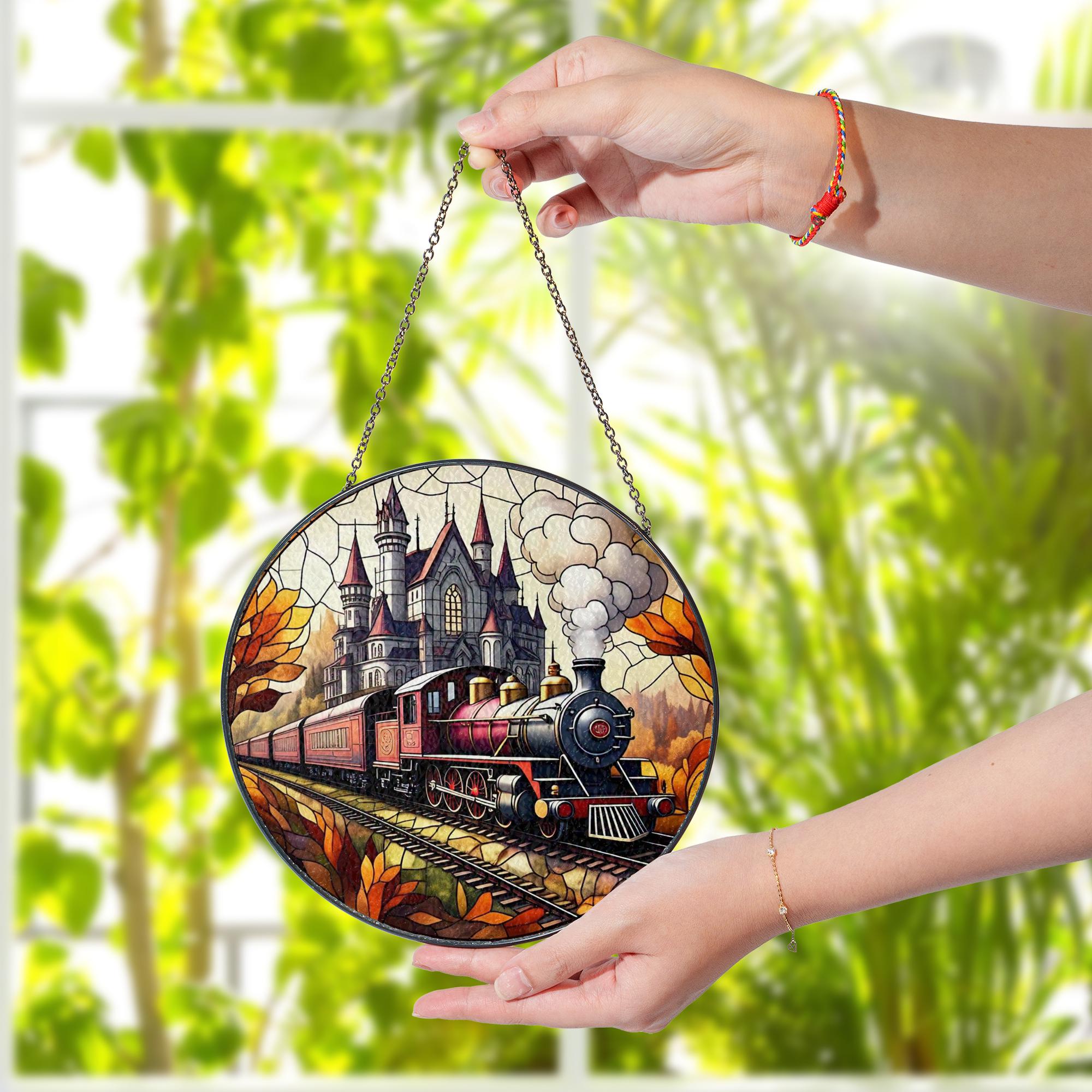 Autumn Train Glass Suncatcher | Fall Steam Engine Window Decor | Glass Suncatcher Castle Scene | Vintage Railroad Gift | Cozy Autumn Art