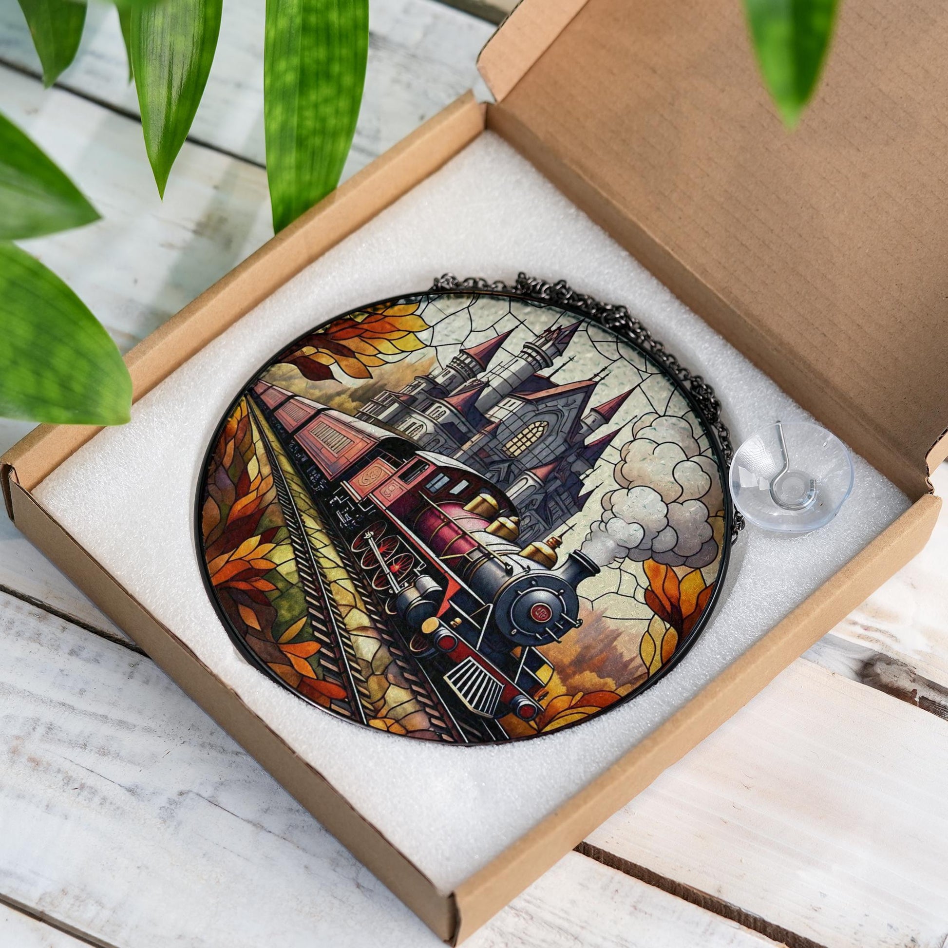 Autumn Train Glass Suncatcher | Fall Steam Engine Window Decor | Glass Suncatcher Castle Scene | Vintage Railroad Gift | Cozy Autumn Art