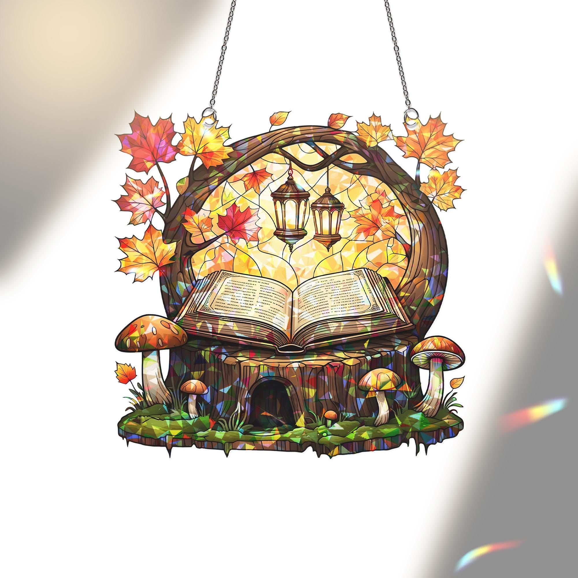 Autumn Book Nook Acrylic Window Hanging | Fall Fairy Forest Decor with Lanterns, Leaves & Mushrooms | Cozy Seasonal Window Art