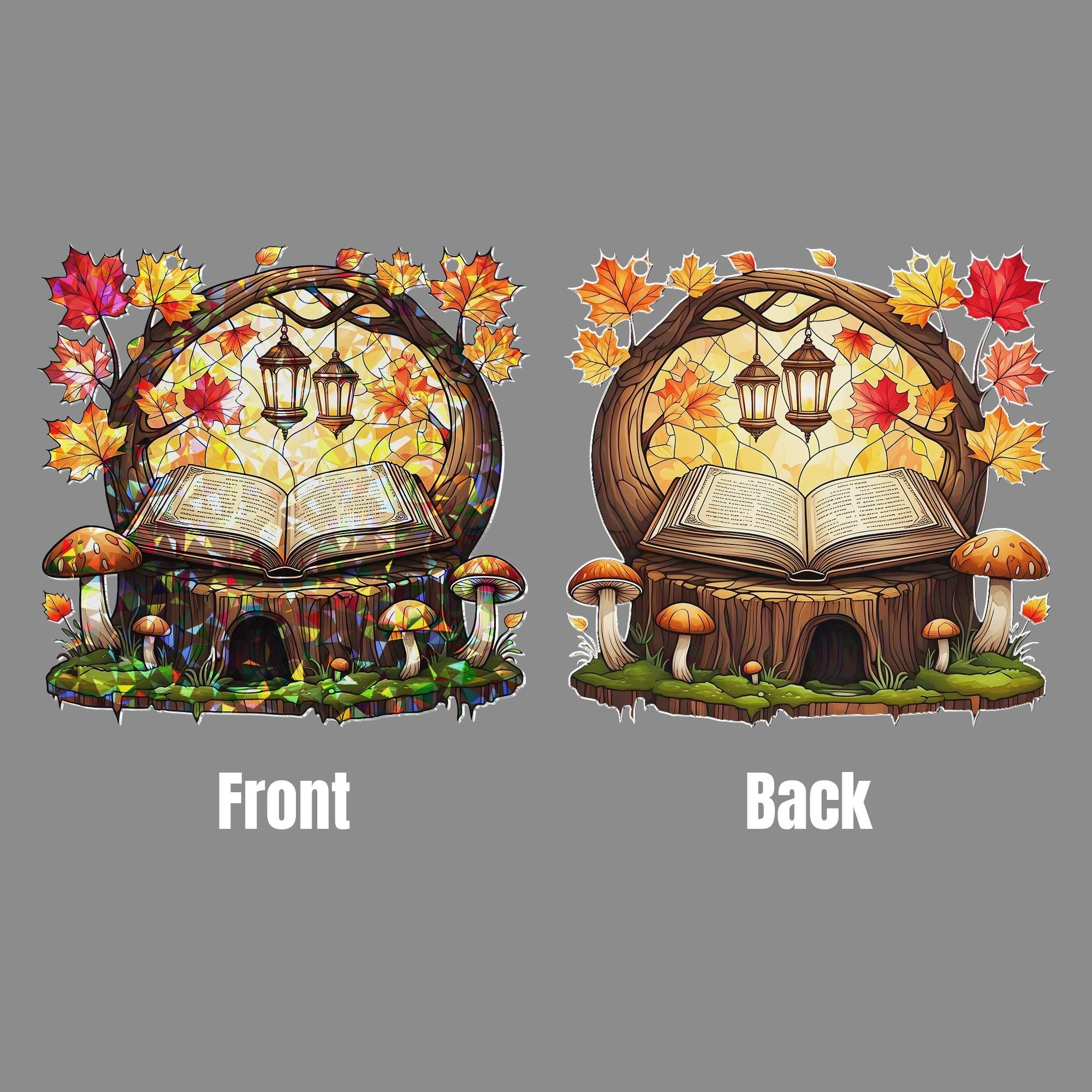 Autumn Book Nook Acrylic Window Hanging | Fall Fairy Forest Decor with Lanterns, Leaves & Mushrooms | Cozy Seasonal Window Art