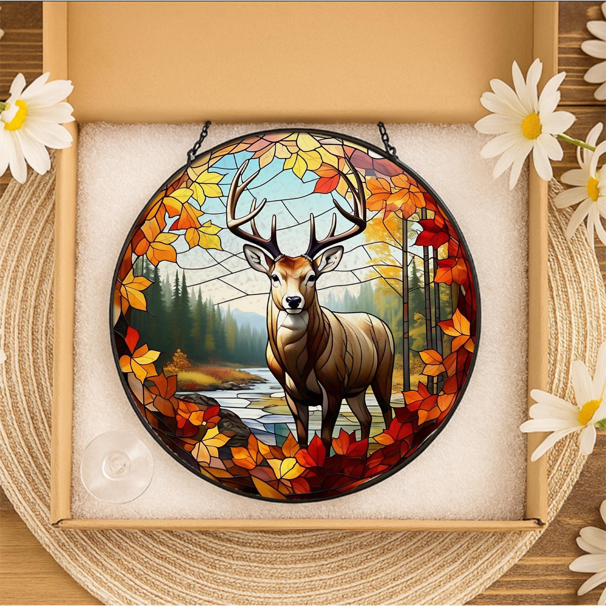 Deer Glass Suncatcher for Autumn | Stained Forest Buck Fall Decor | Rustic Woodland Window Hanging | Cabin Wildlife Home Gift
