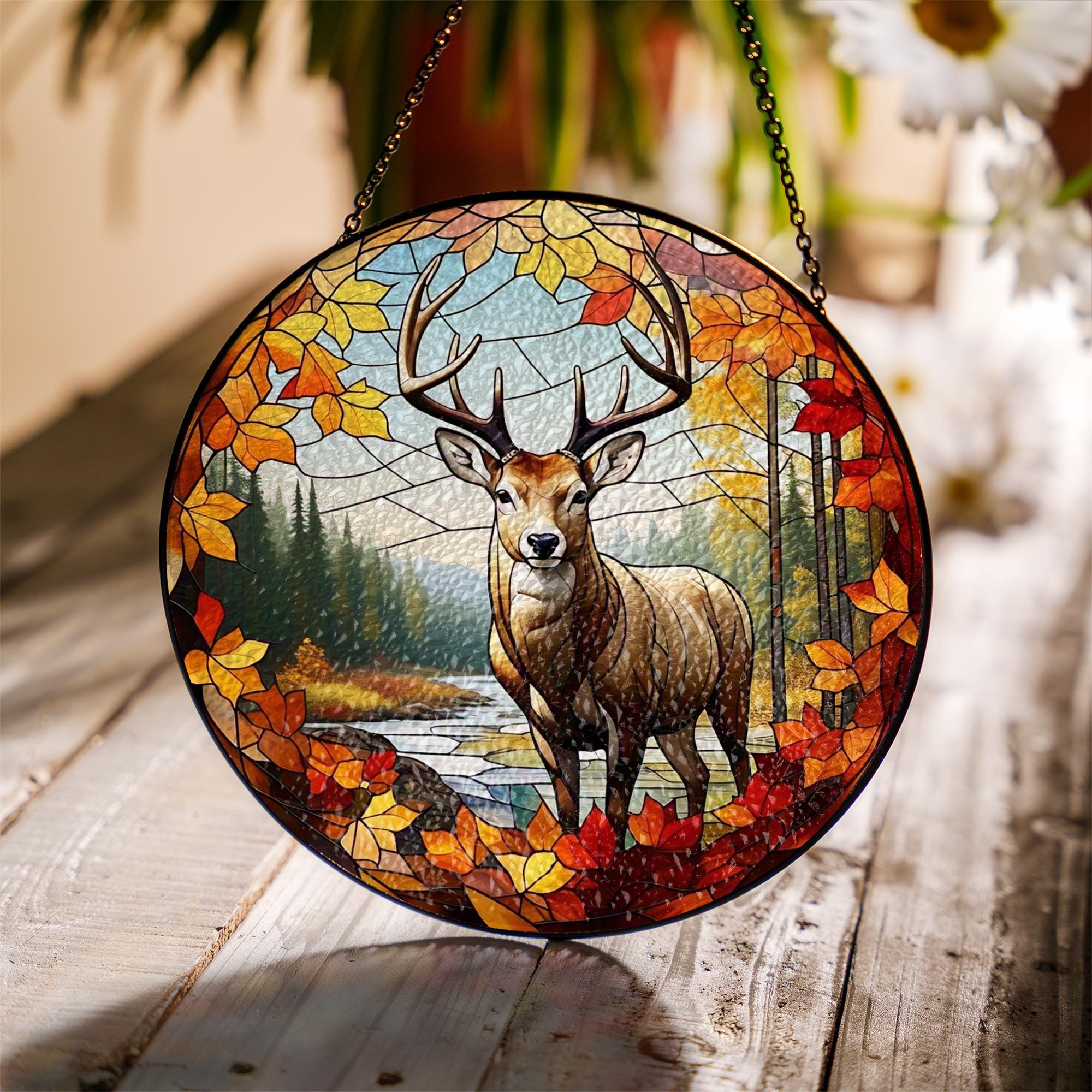 Deer Glass Suncatcher for Autumn | Stained Forest Buck Fall Decor | Rustic Woodland Window Hanging | Cabin Wildlife Home Gift
