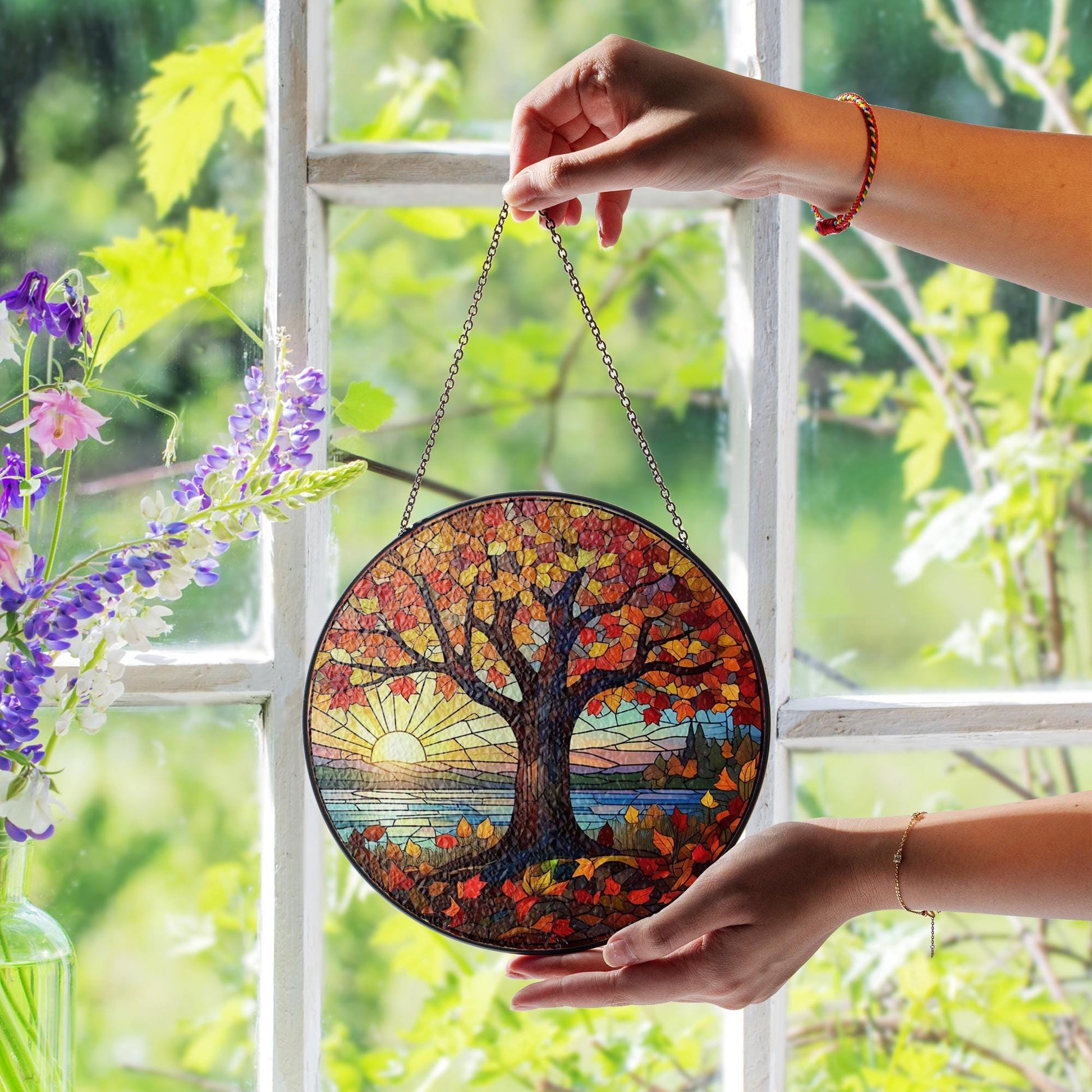 Autumn Tree Glass Suncatcher | Fall Sunset Window Decor | Colorful Glass Suncatcher Hanging | Nature Lover Gift | Autumn Home Accent