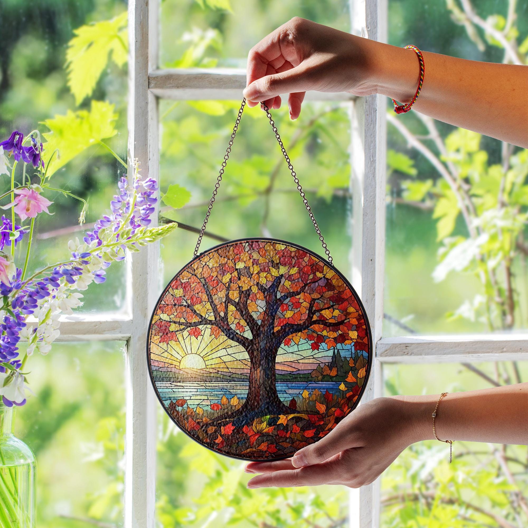 Autumn Tree Glass Suncatcher | Fall Sunset Window Decor | Colorful Glass Suncatcher Hanging | Nature Lover Gift | Autumn Home Accent