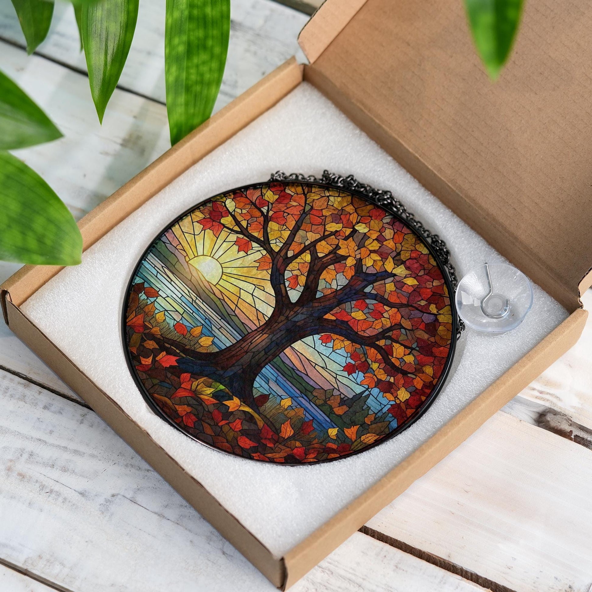 Autumn Tree Glass Suncatcher | Fall Sunset Window Decor | Colorful Glass Suncatcher Hanging | Nature Lover Gift | Autumn Home Accent