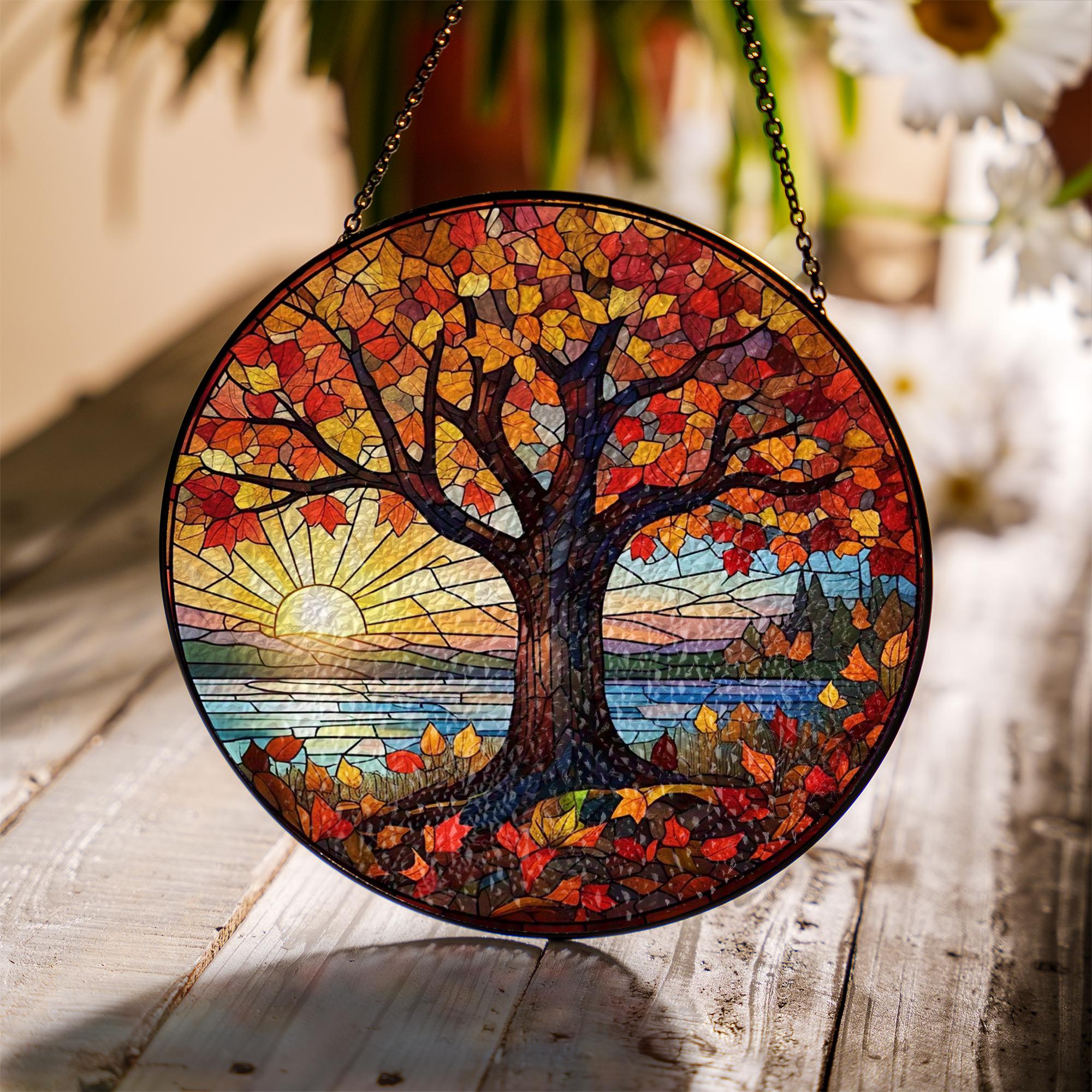 Autumn Tree Glass Suncatcher | Fall Sunset Window Decor | Colorful Glass Suncatcher Hanging | Nature Lover Gift | Autumn Home Accent