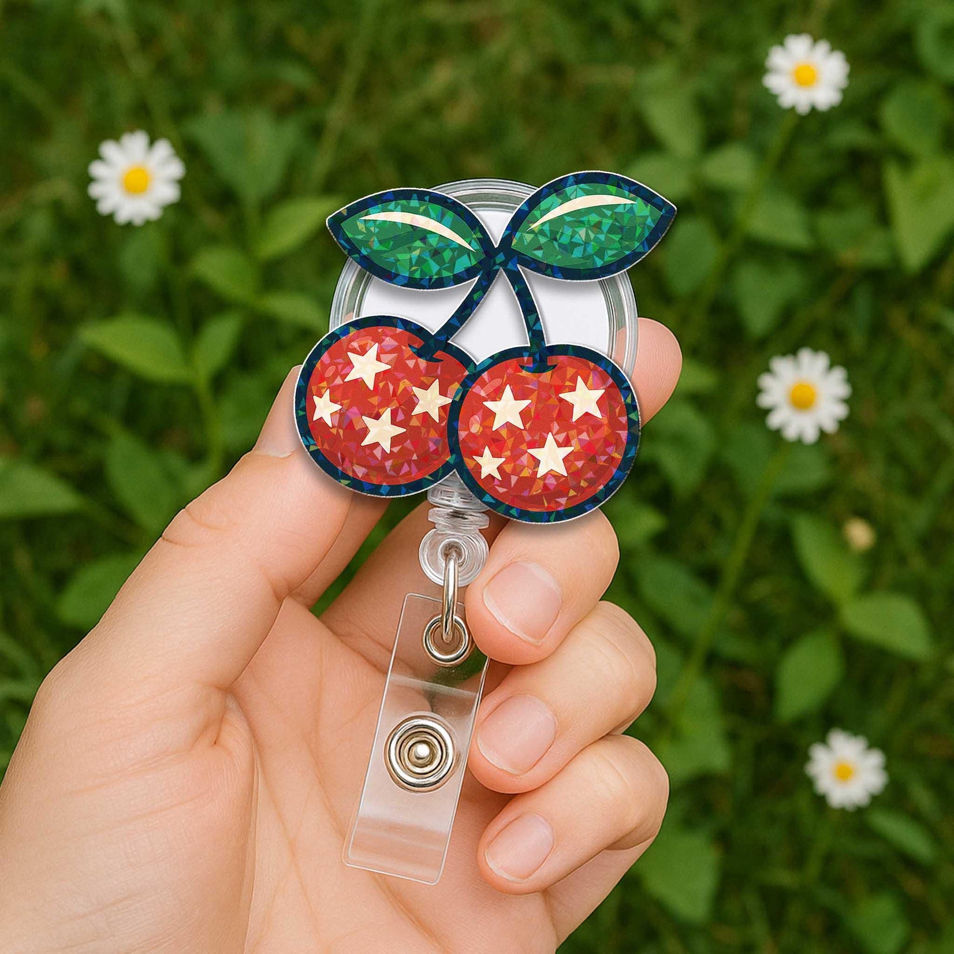 Cherry Badge Reel, 4th of July ID Holder, Patriotic Star Badge, Glitter Retractable Clip, Cute Red White Blue Badge Reel