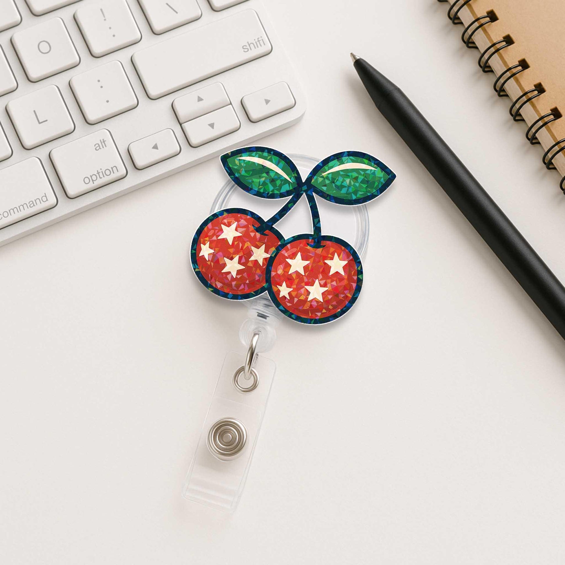 Cherry Badge Reel, 4th of July ID Holder, Patriotic Star Badge, Glitter Retractable Clip, Cute Red White Blue Badge Reel