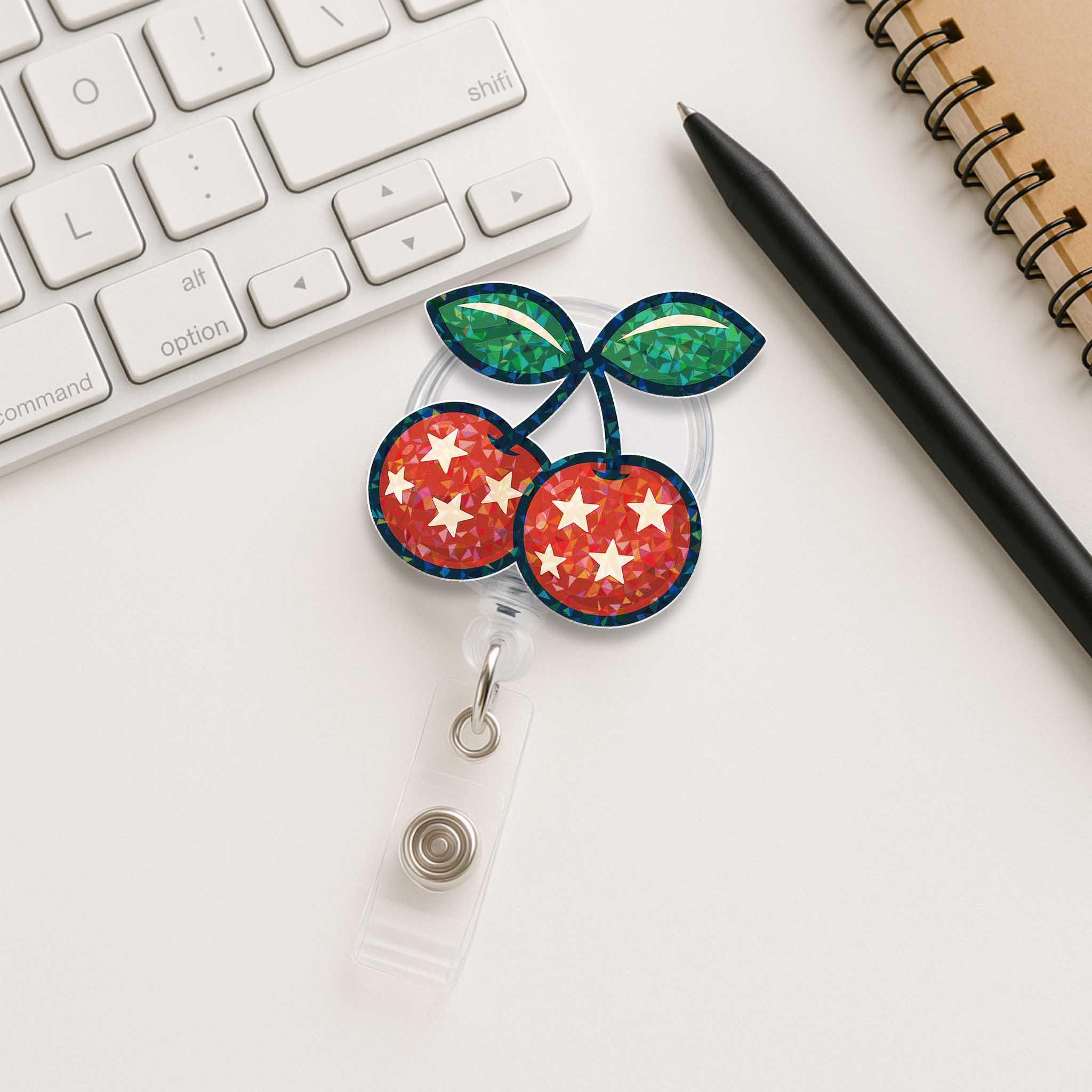 Cherry Badge Reel, 4th of July ID Holder, Patriotic Star Badge, Glitter Retractable Clip, Cute Red White Blue Badge Reel