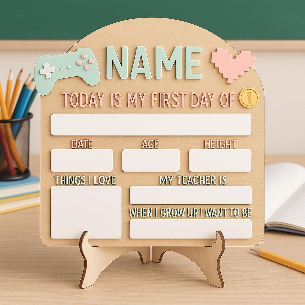 Personalized Pastel Gaming First Day of School Sign, Interchangeable Back to School Board for Girls, Reusable School Milestone Photo Prop