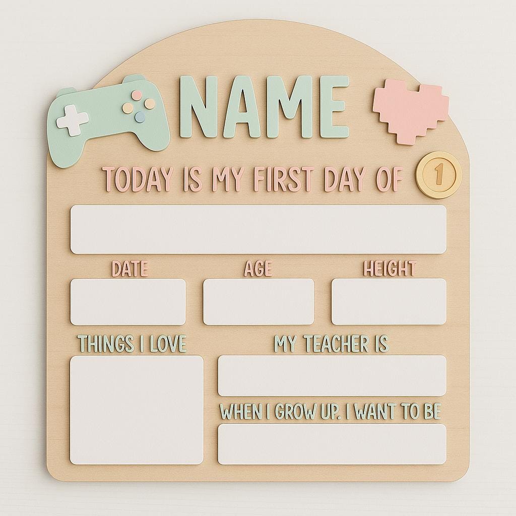 Personalized Pastel Gaming First Day of School Sign, Interchangeable Back to School Board for Girls, Reusable School Milestone Photo Prop