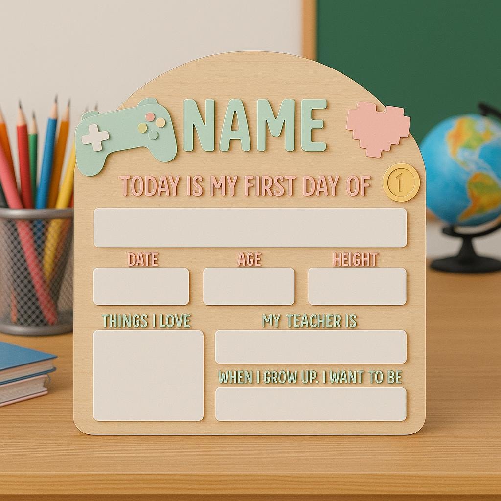 Personalized Pastel Gaming First Day of School Sign, Interchangeable Back to School Board for Girls, Reusable School Milestone Photo Prop