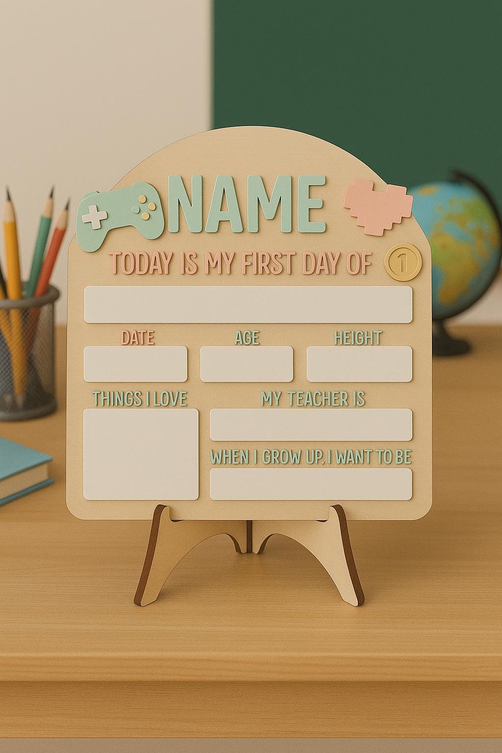 Personalized Pastel Gaming First Day of School Sign, Interchangeable Back to School Board for Girls, Reusable School Milestone Photo Prop
