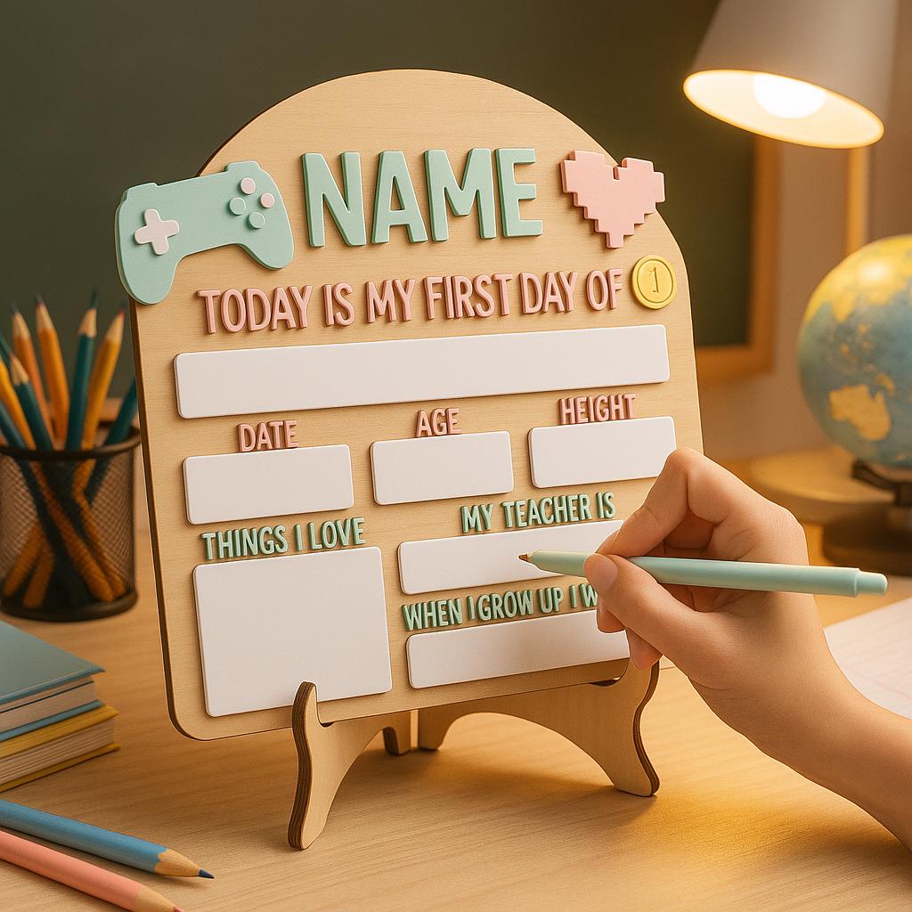 Personalized Pastel Gaming First Day of School Sign, Interchangeable Back to School Board for Girls, Reusable School Milestone Photo Prop