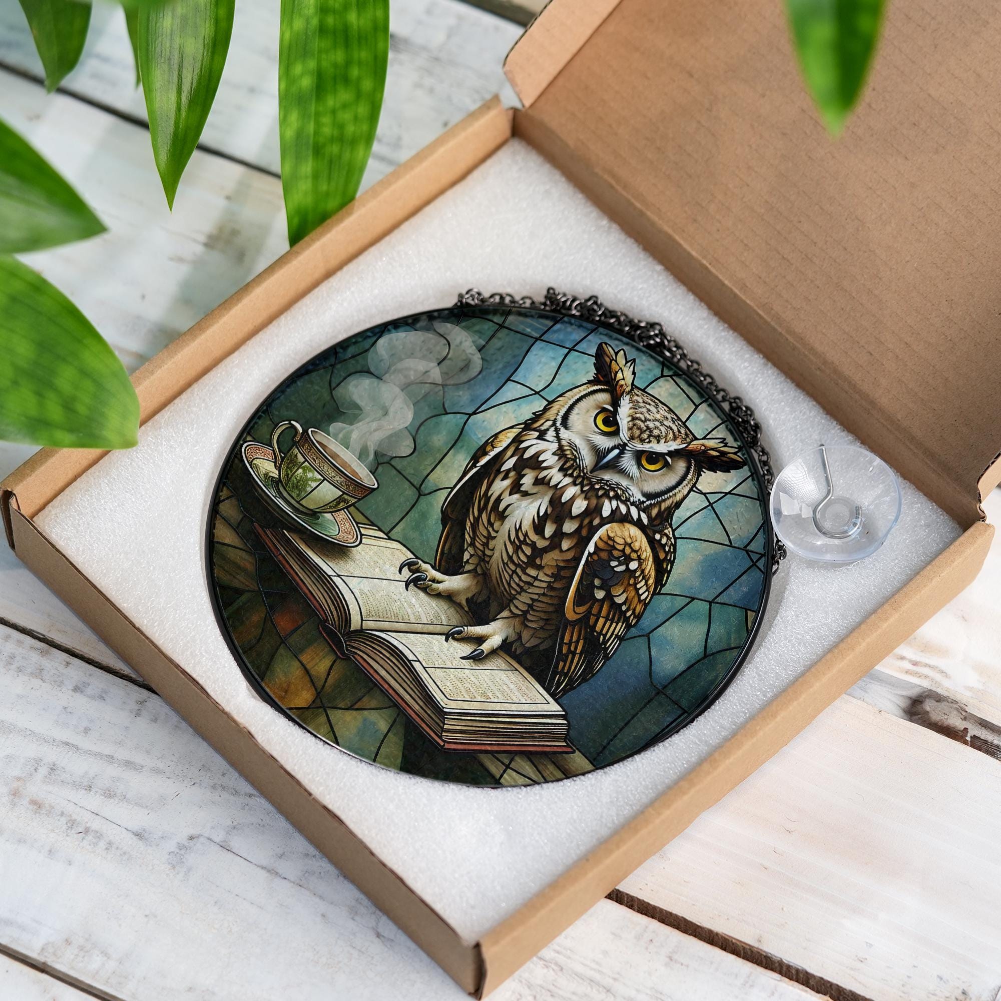 Owl Glass Suncatcher – Book & Tea Scene Decor for Autumn, Witchy Library Vibes, Cozy Gift Idea