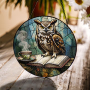Owl Glass Suncatcher – Book & Tea Scene Decor for Autumn, Witchy Library Vibes, Cozy Gift Idea