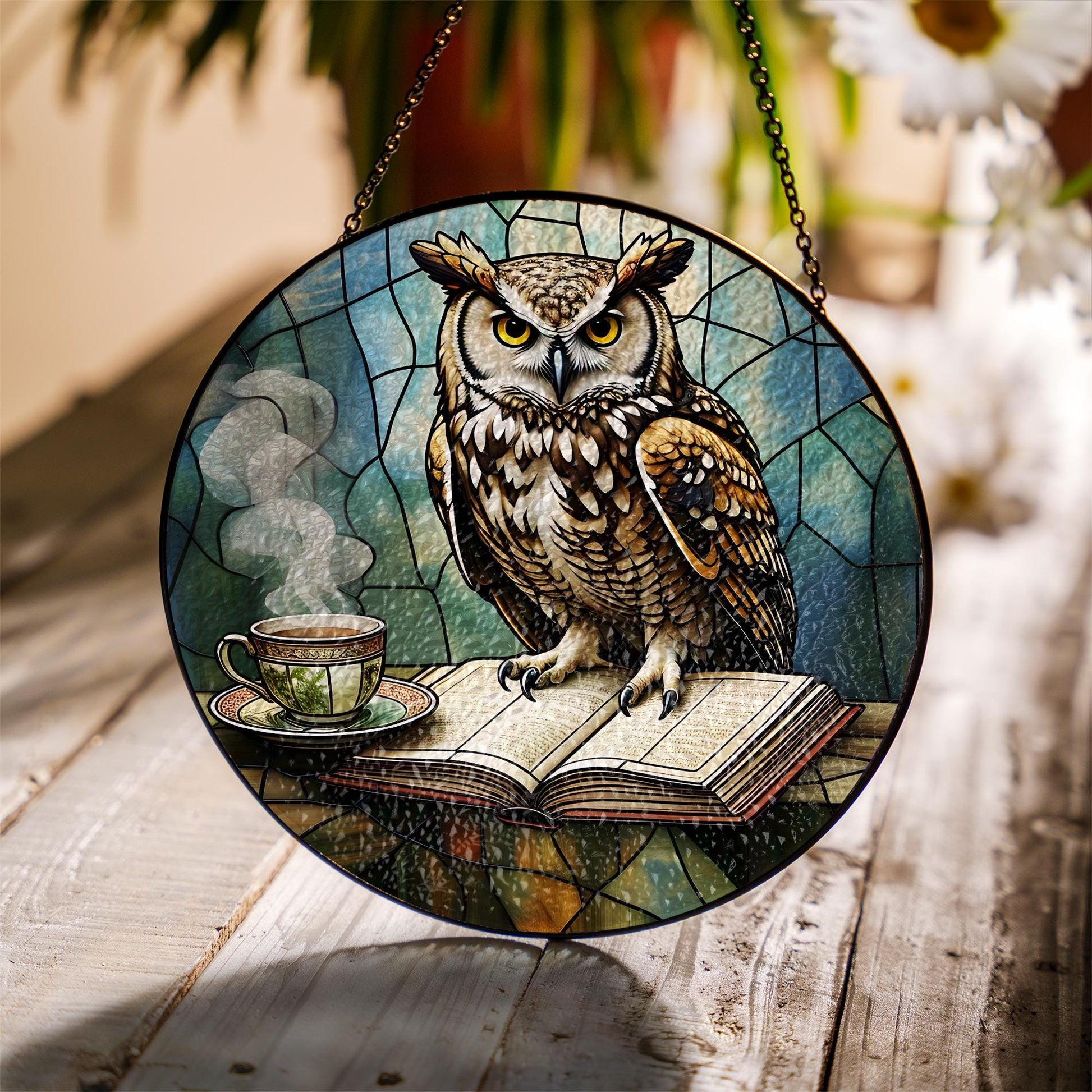 Owl Glass Suncatcher – Book & Tea Scene Decor for Autumn, Witchy Library Vibes, Cozy Gift Idea