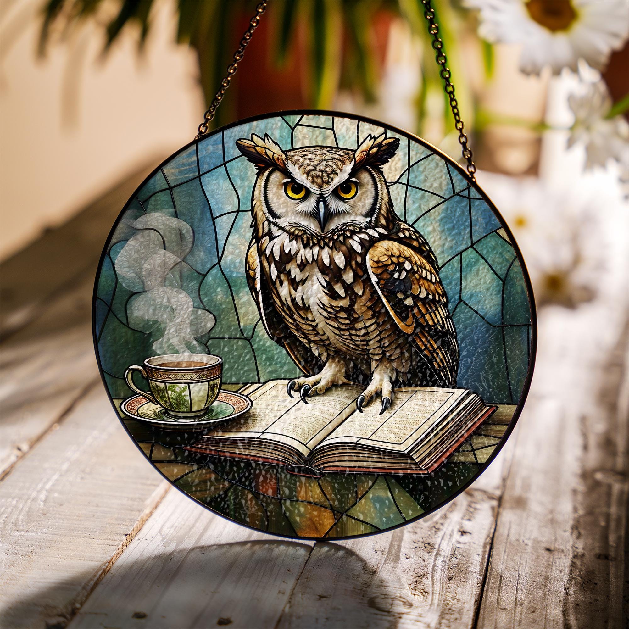 Owl Glass Suncatcher – Book & Tea Scene Decor for Autumn, Witchy Library Vibes, Cozy Gift Idea