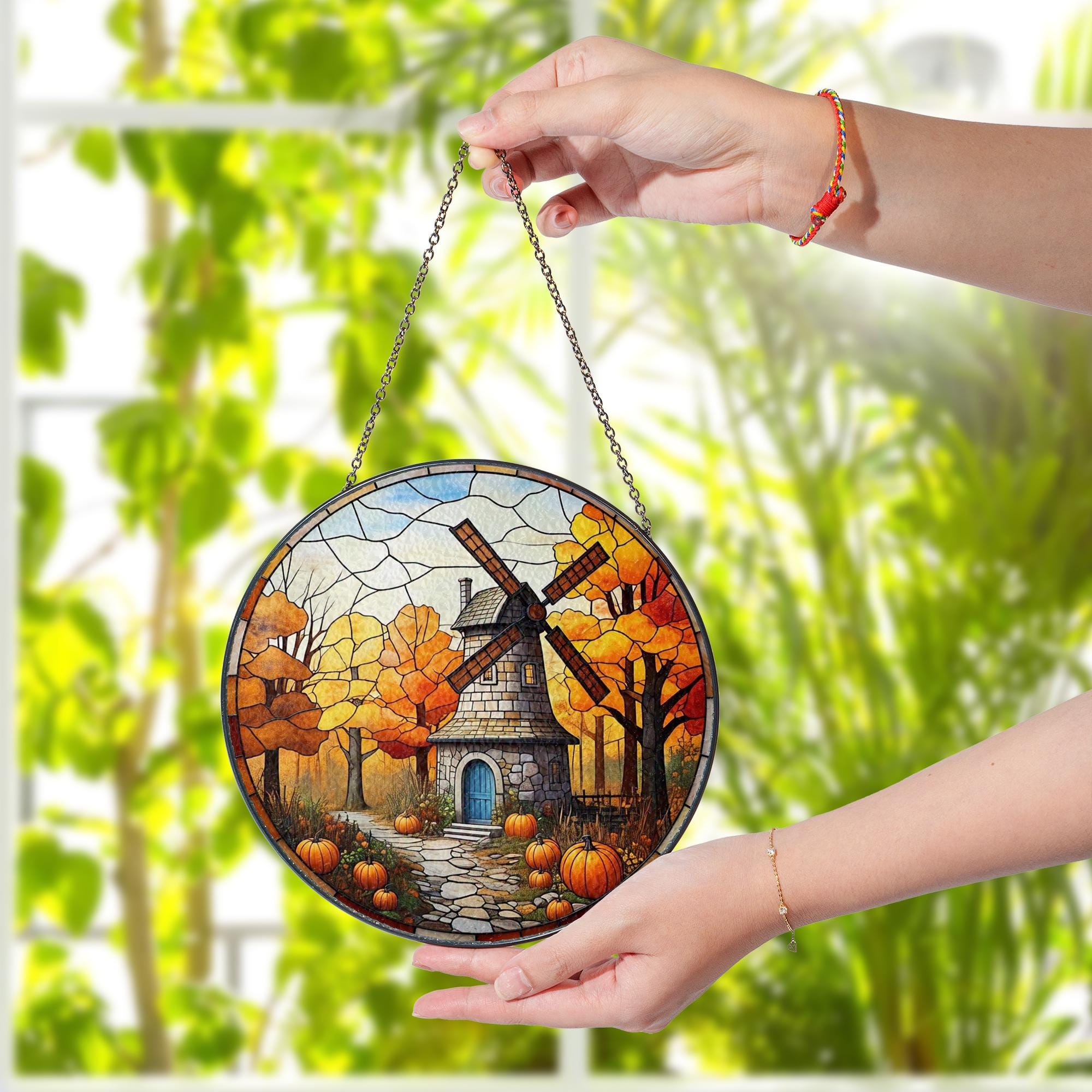 Autumn Windmill Glass Suncatcher – Rustic Fall Window Hanging with Pumpkins and Trees, Country Farmhouse Decor