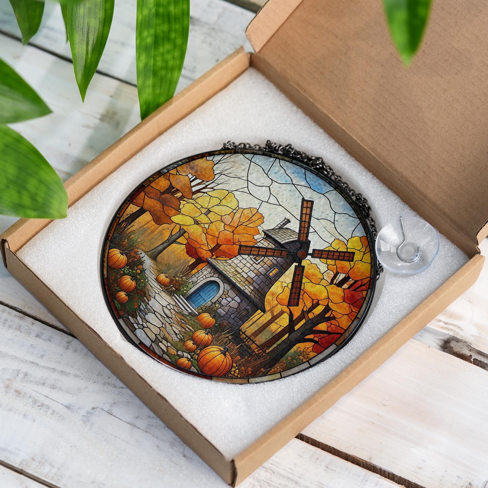 Autumn Windmill Glass Suncatcher – Rustic Fall Window Hanging with Pumpkins and Trees, Country Farmhouse Decor