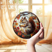 Squirrel Glass Suncatcher – Autumn Leaves Window Hanging with Acorn, Woodland Animal Fall Home Decor