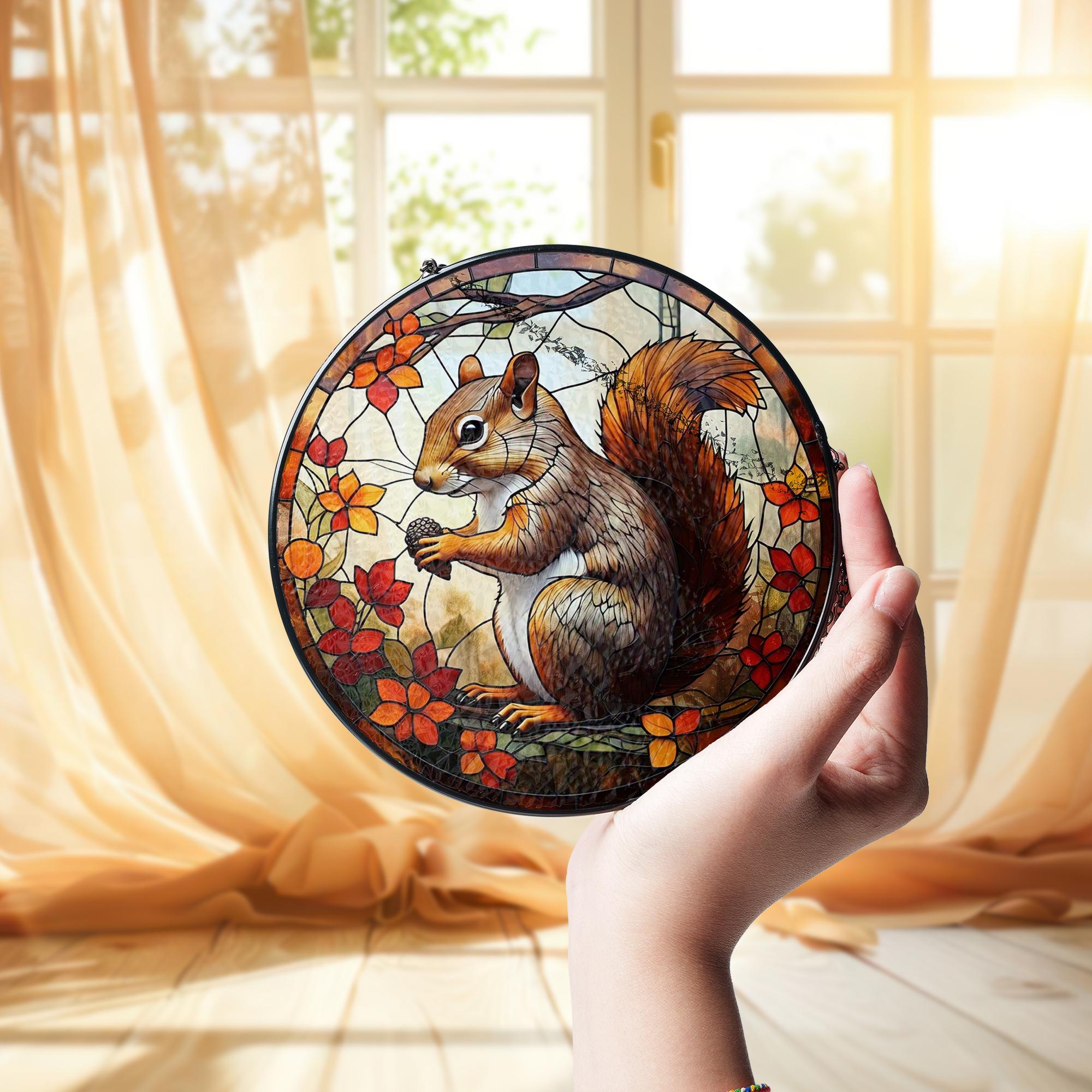 Squirrel Glass Suncatcher – Autumn Leaves Window Hanging with Acorn, Woodland Animal Fall Home Decor