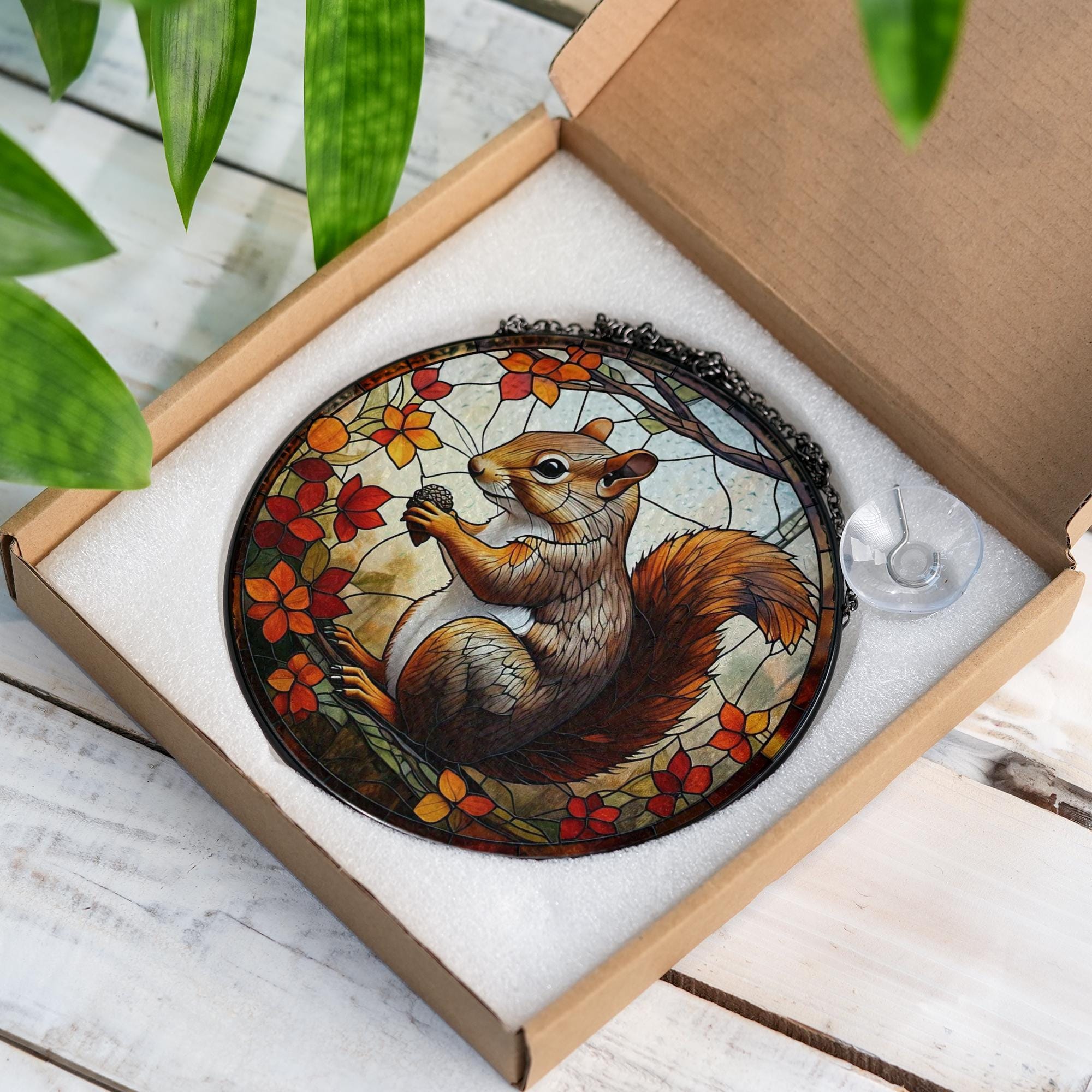 Squirrel Glass Suncatcher – Autumn Leaves Window Hanging with Acorn, Woodland Animal Fall Home Decor